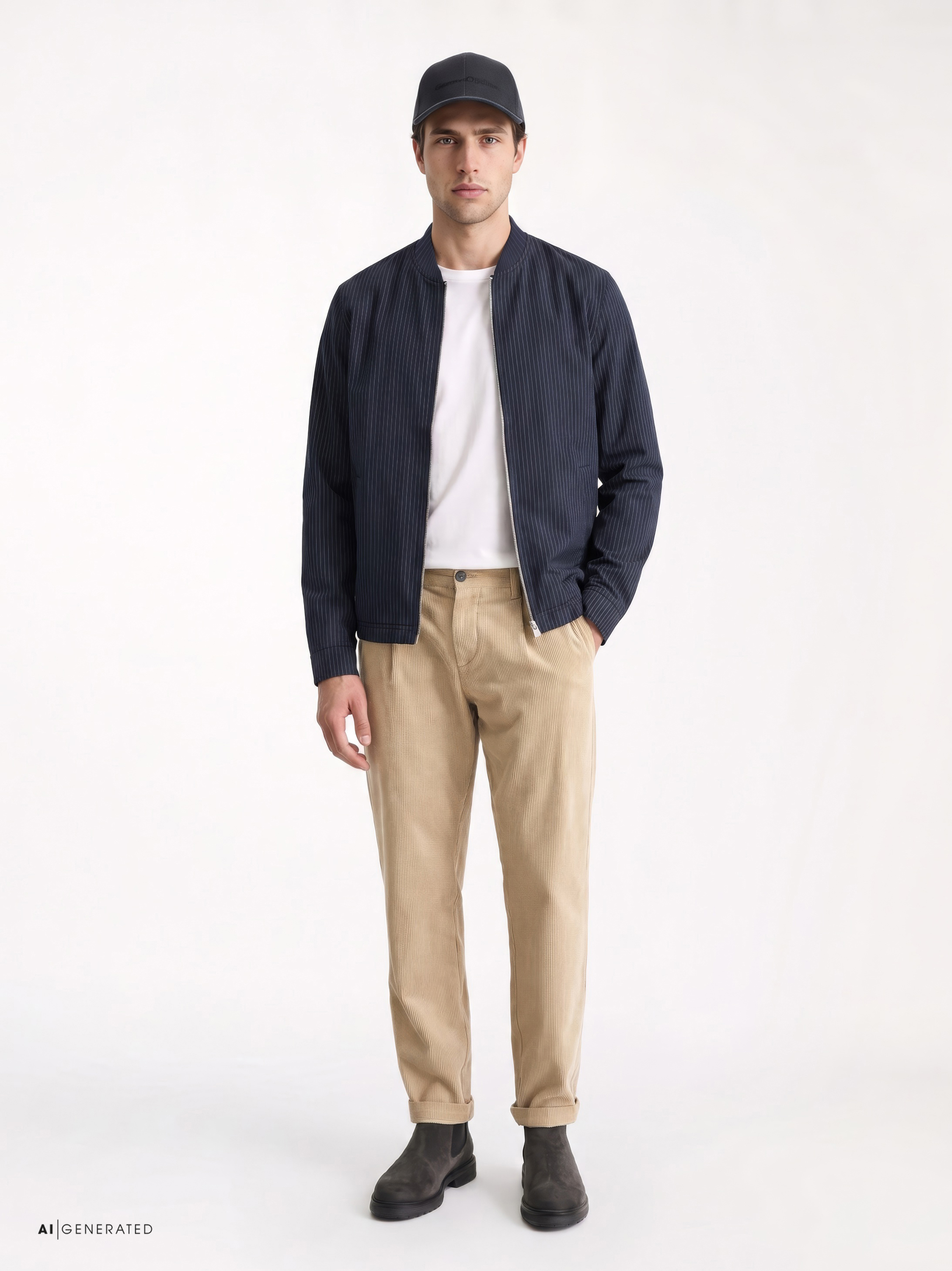Herrenjacke Casual College Jacket in blue stripes, Outfitansicht am Model