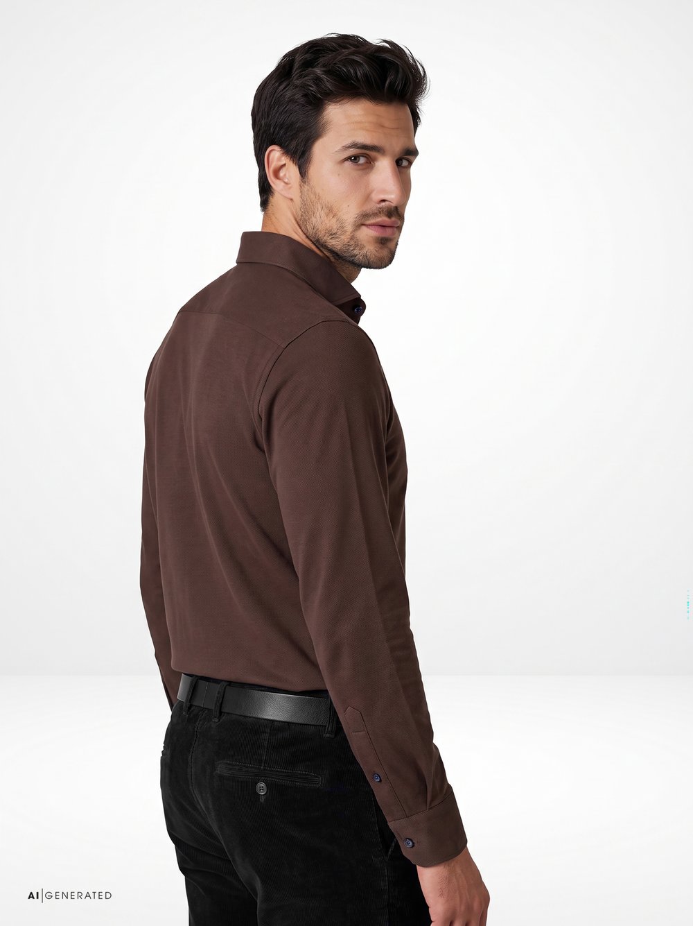 Mens shirt luxury hai in brown pique, back view worn by model