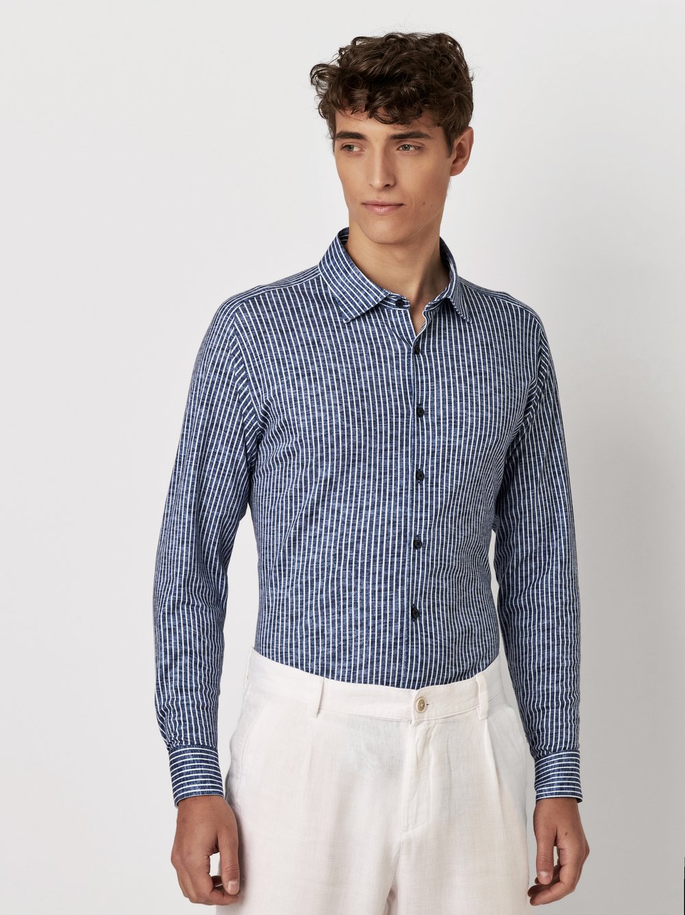 Hemd Casual Kent linen stripes  navy Vorderansicht