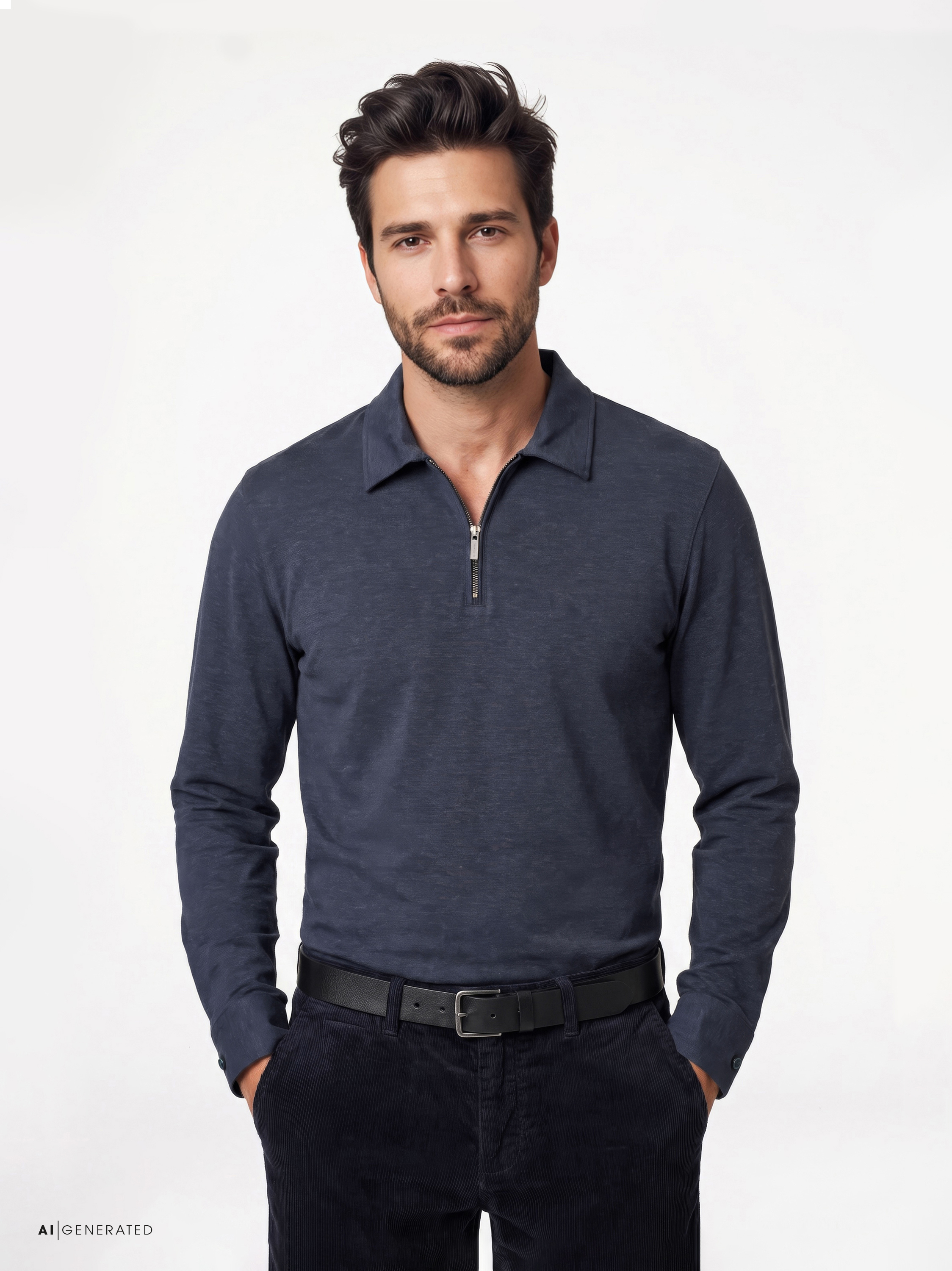 Herrenpolo Luxury Polo Zip in dark blue melange, Frontansicht am Model getragen