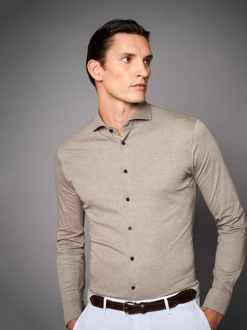 Shirt Luxury Hai sand grey pique front view