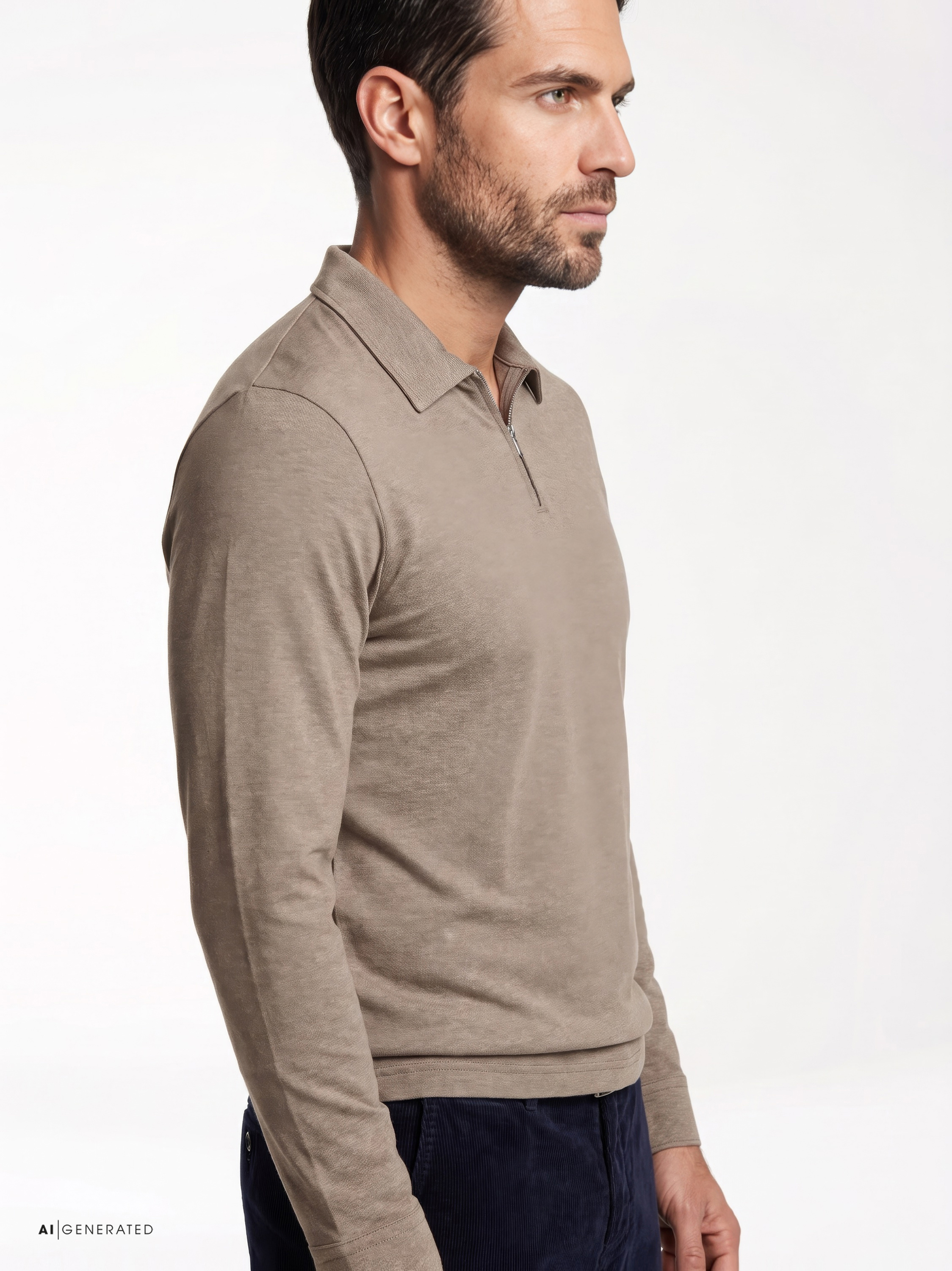 Mens polo shirt uxury polo zip in brown pique, detail view