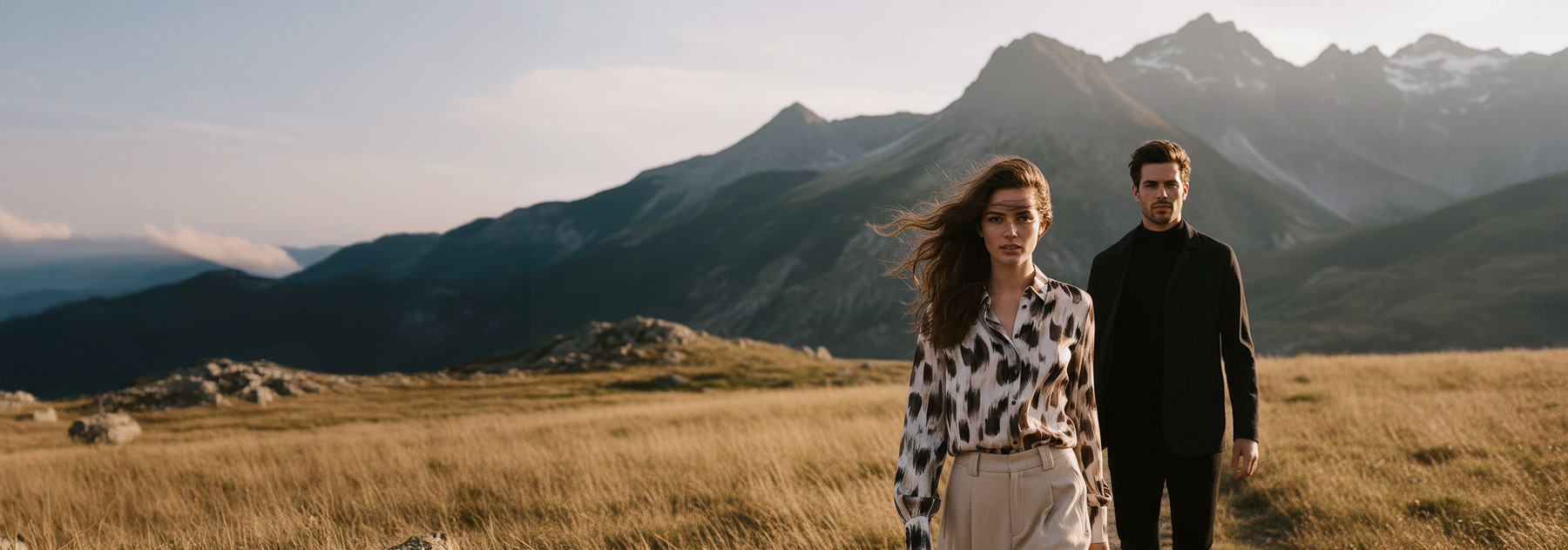 Model in geblümter Jersey-Bluse und beiger Hose, daneben ein Mann im schwarzen Outfit – beide vor beeindruckender Bergkulisse. Der Look: smart, modern und selbstbewusst – typisch DESOTO Women.