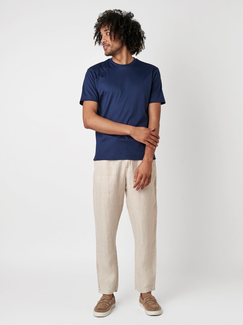 T-Shirt linen checks  blue and sand Outfitansicht