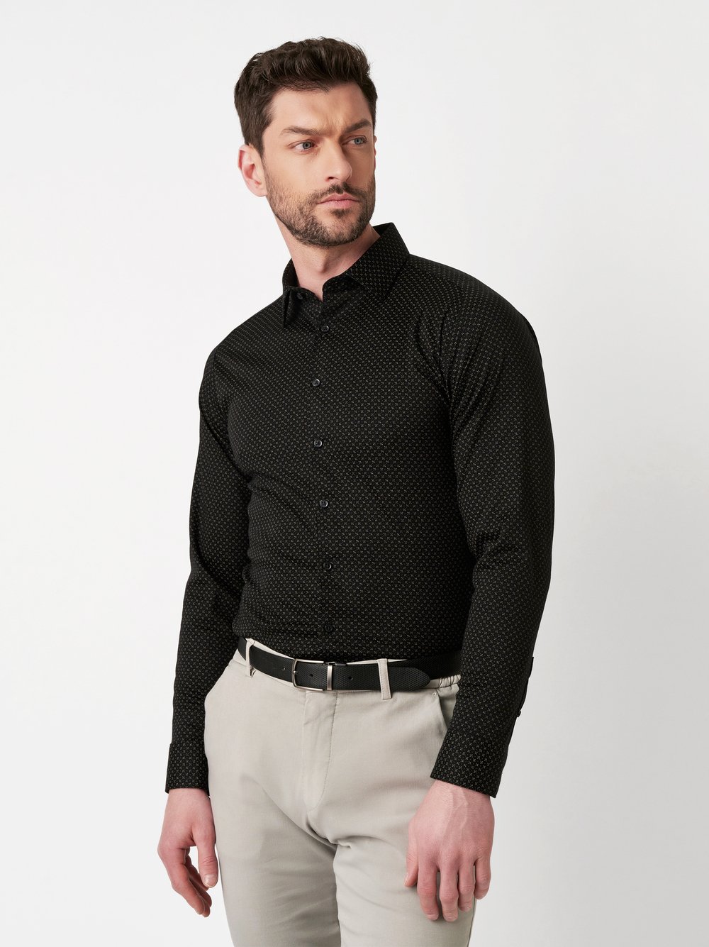 Shirt Casual Kent black beige flowers front view