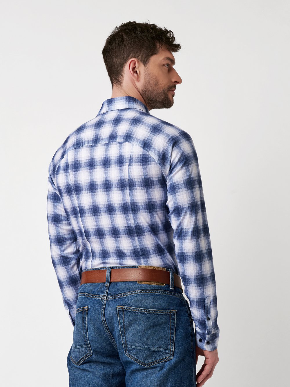 Shirt Casual Button Down blue check flannel rear view Shirt Casual Button Down blue check flannel rear view