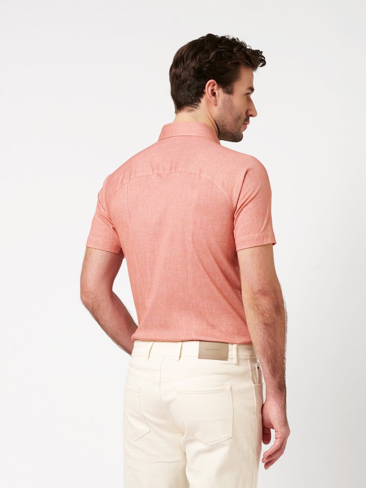 Mens shirt casual kent in apricot oxford, back view worn by model