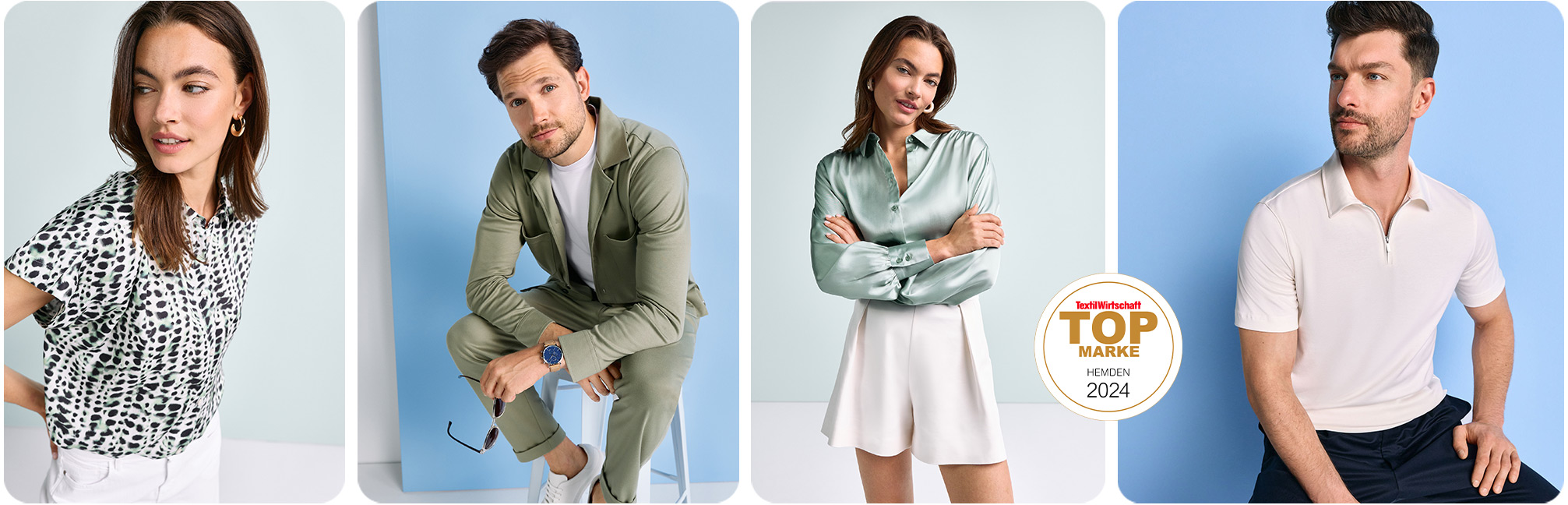 Vier Models in modernen DESOTO Jersey Styles für Damen und Herren – bügelfreie Hemden, Blusen und Polos mit hoher Elastizität, stilvoll und bequem für Alltag und Business.
