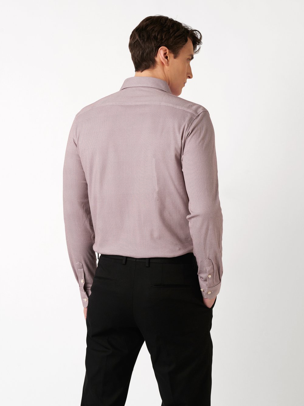 Mens shirt essential hai in red minimal, back view worn by model