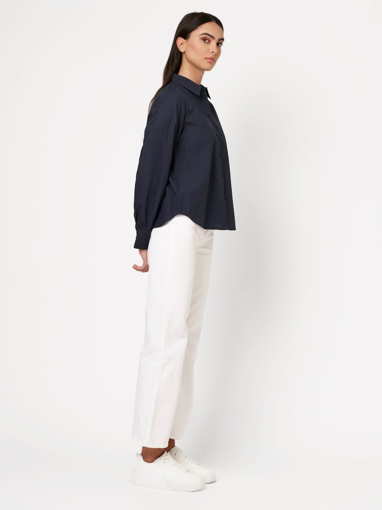 Womens blouse Lizzy in solid true navy, outfit view worn by model