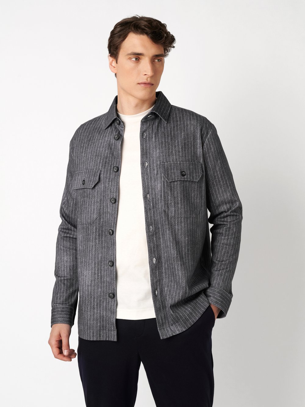 Mens shirt casual overshirt kent in grey stripes denim, front view worn by model