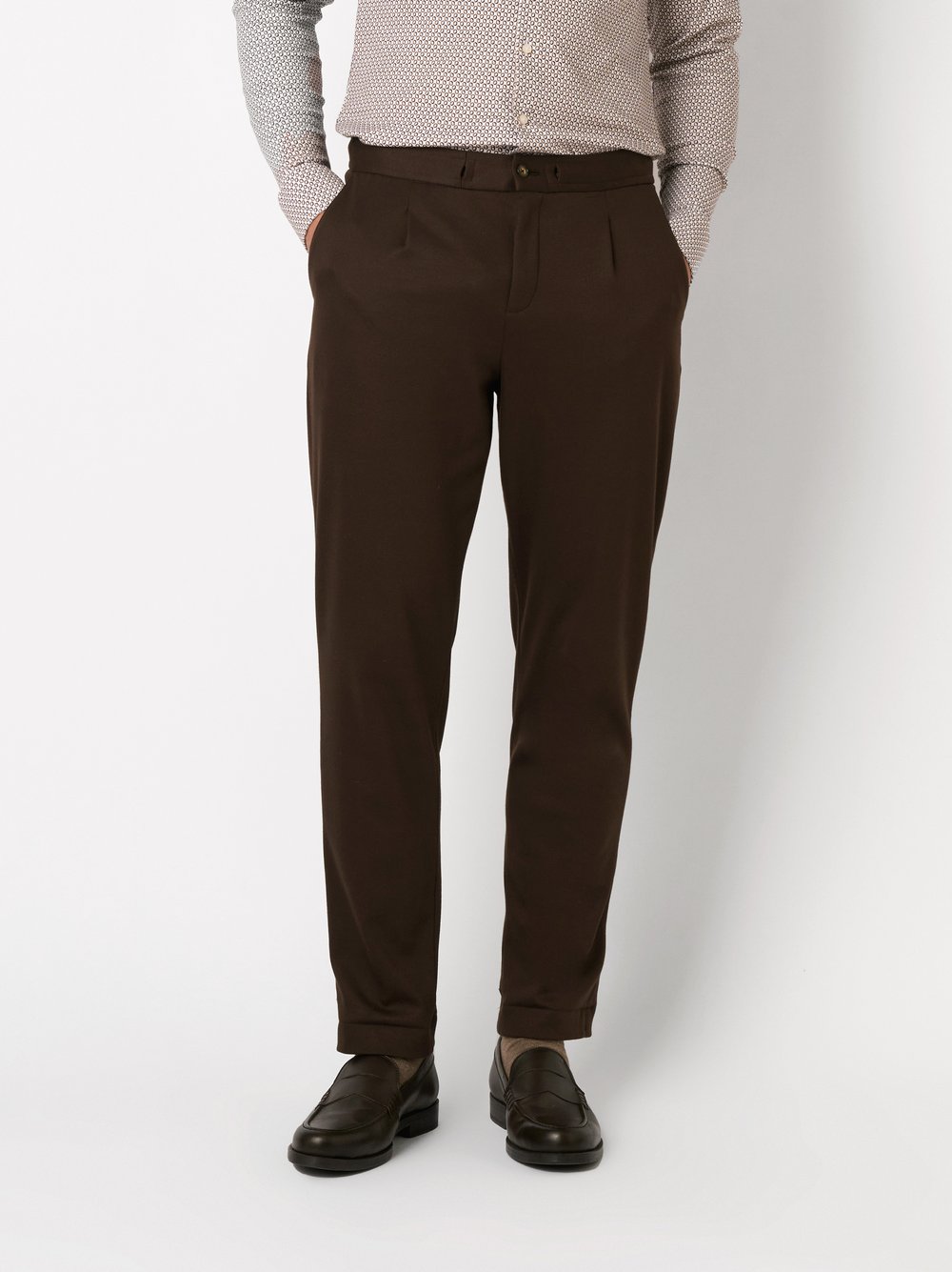 Mens trousers casual in solid brown, front view worn by model
