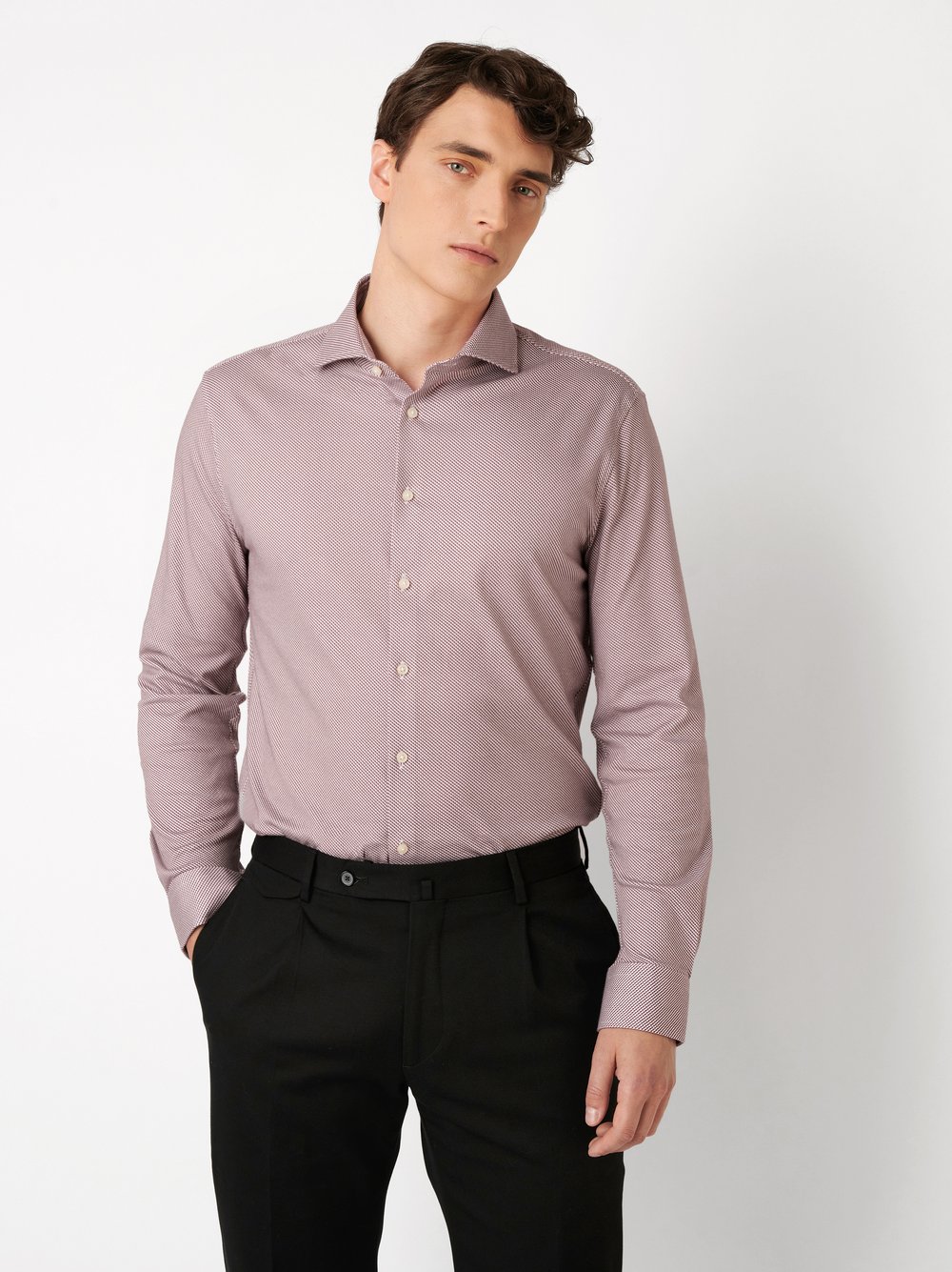 Mens shirt essential hai in red minimal, front view worn by model