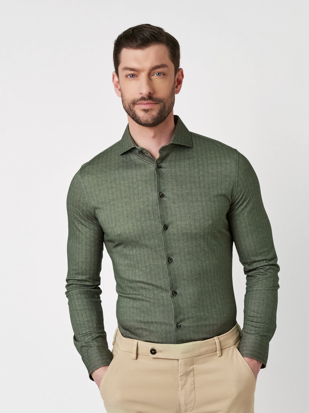 Shirt Luxury Hai forrest green herringbone front view Shirt Luxury Hai forrest green herringbone front view