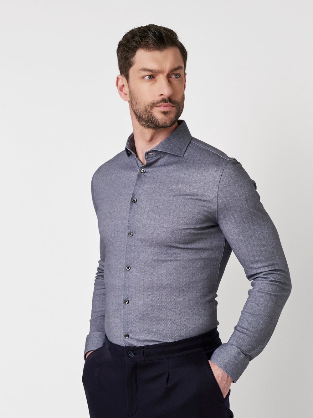 Shirt Luxury Hai taupe herringbone front view Shirt Luxury Hai taupe herringbone front view