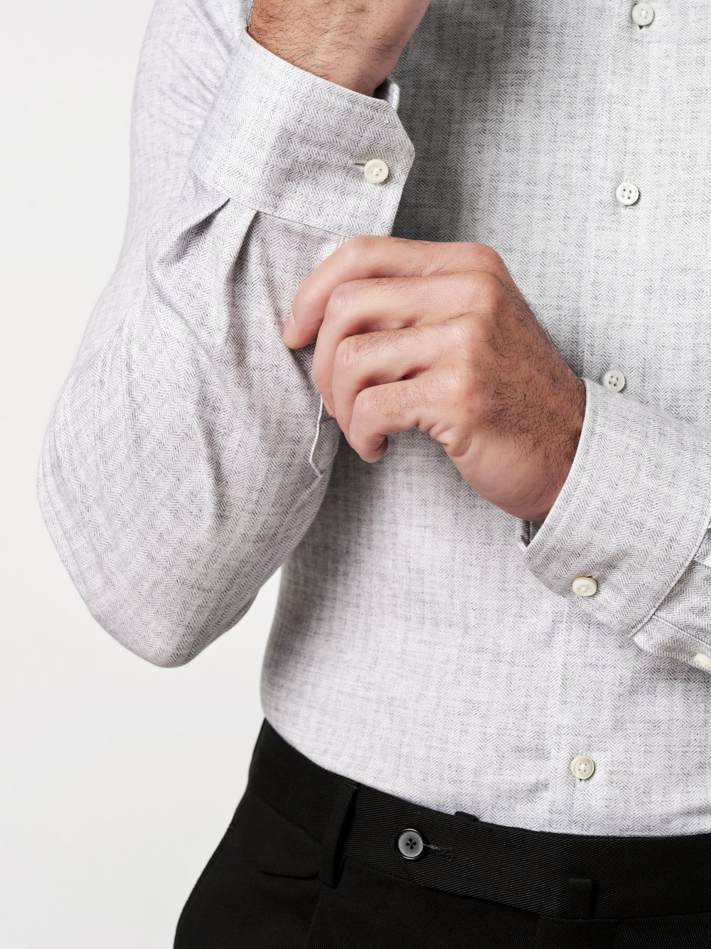 Shirt Luxury Hai light grey linen herringbone detail view Shirt Luxury Hai light grey linen herringbone detail view