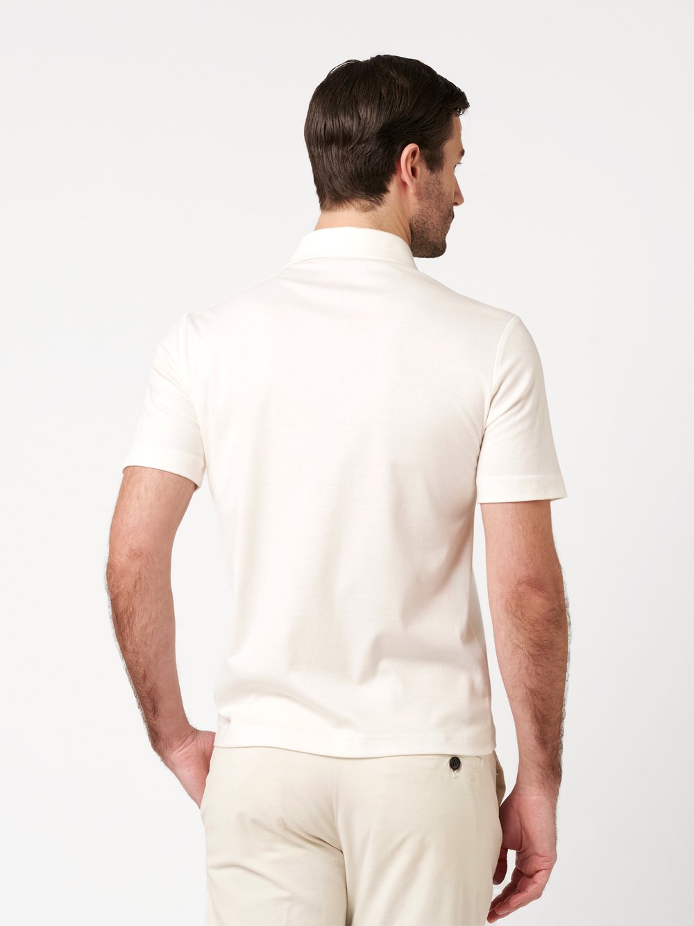 Mens Polo luxury two ply zip in cream, back view worn by model