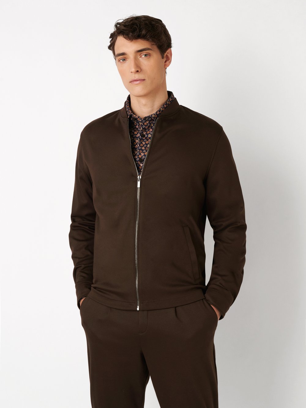 Mens jacket casual college jacket in solid brown, front view worn by model