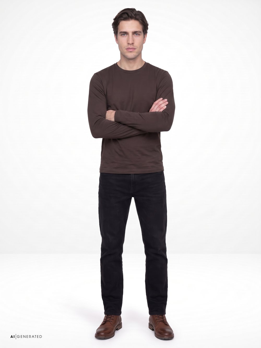 Mens T-shirt casual roundneck in solid brown, outfit view worn by model