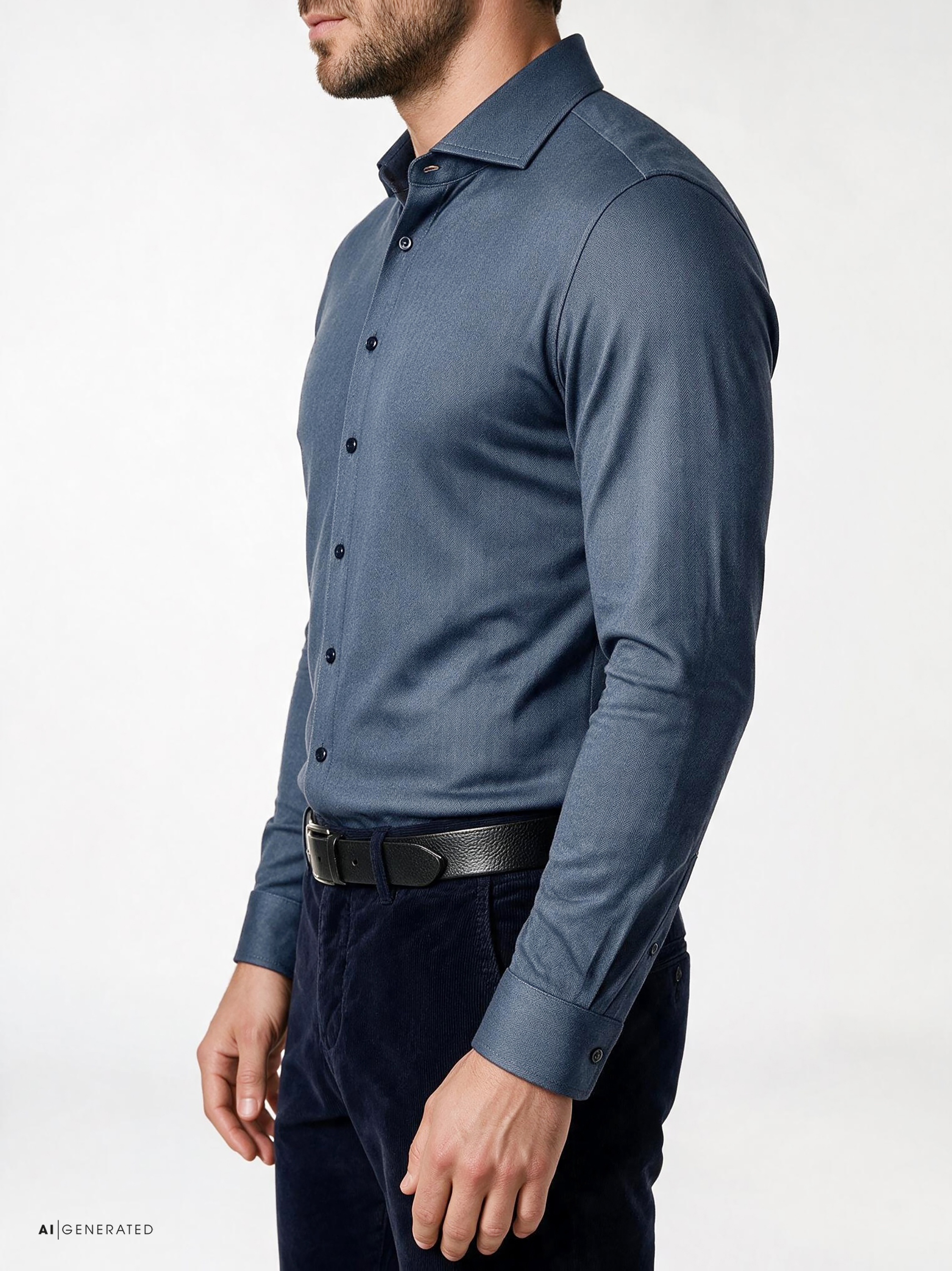 Mens shirt luxury hai in navy herringbone, detail view