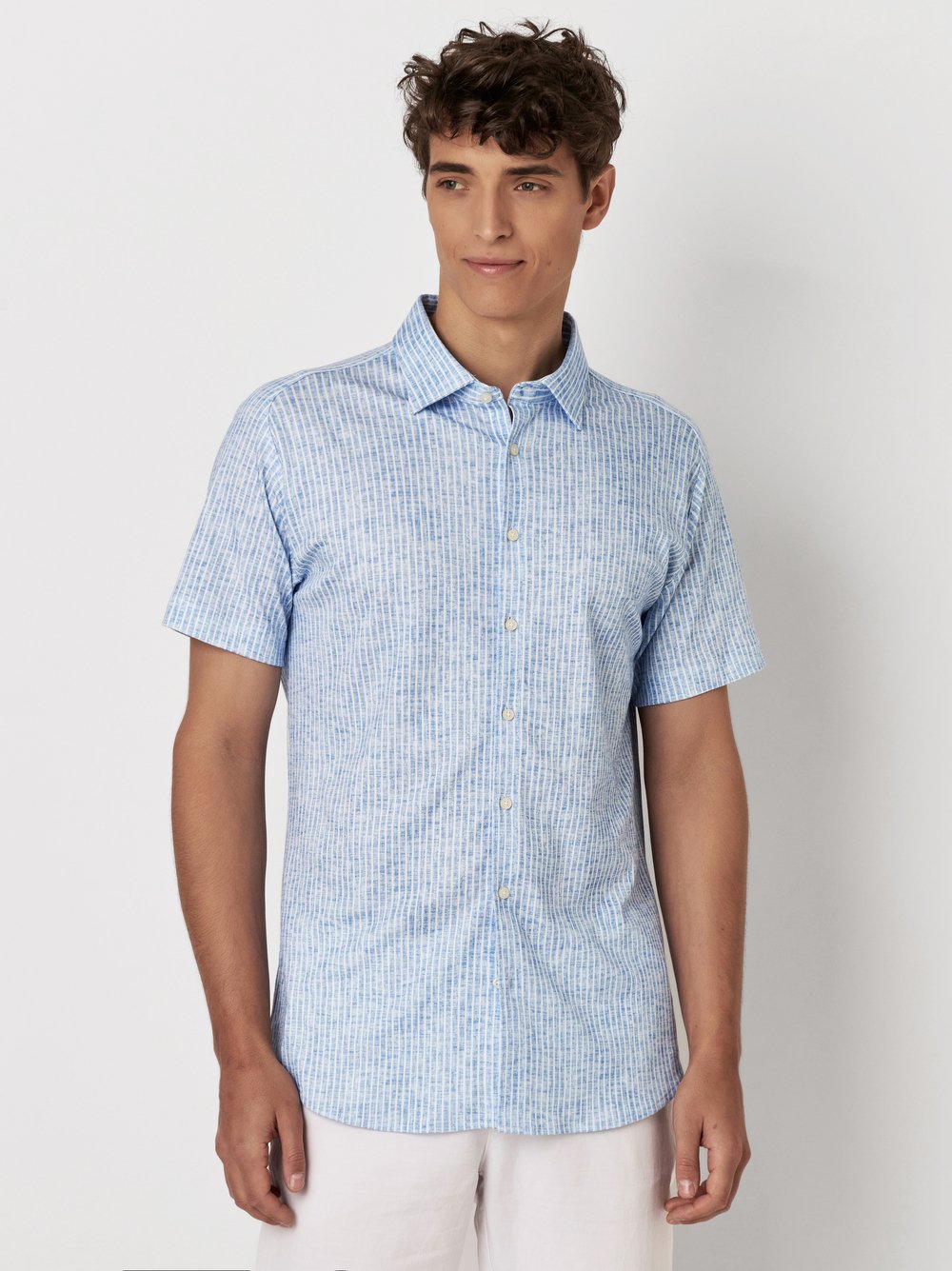 Shirt Casual Kent linen stripes blue front view Shirt Casual Kent linen stripes blue front view