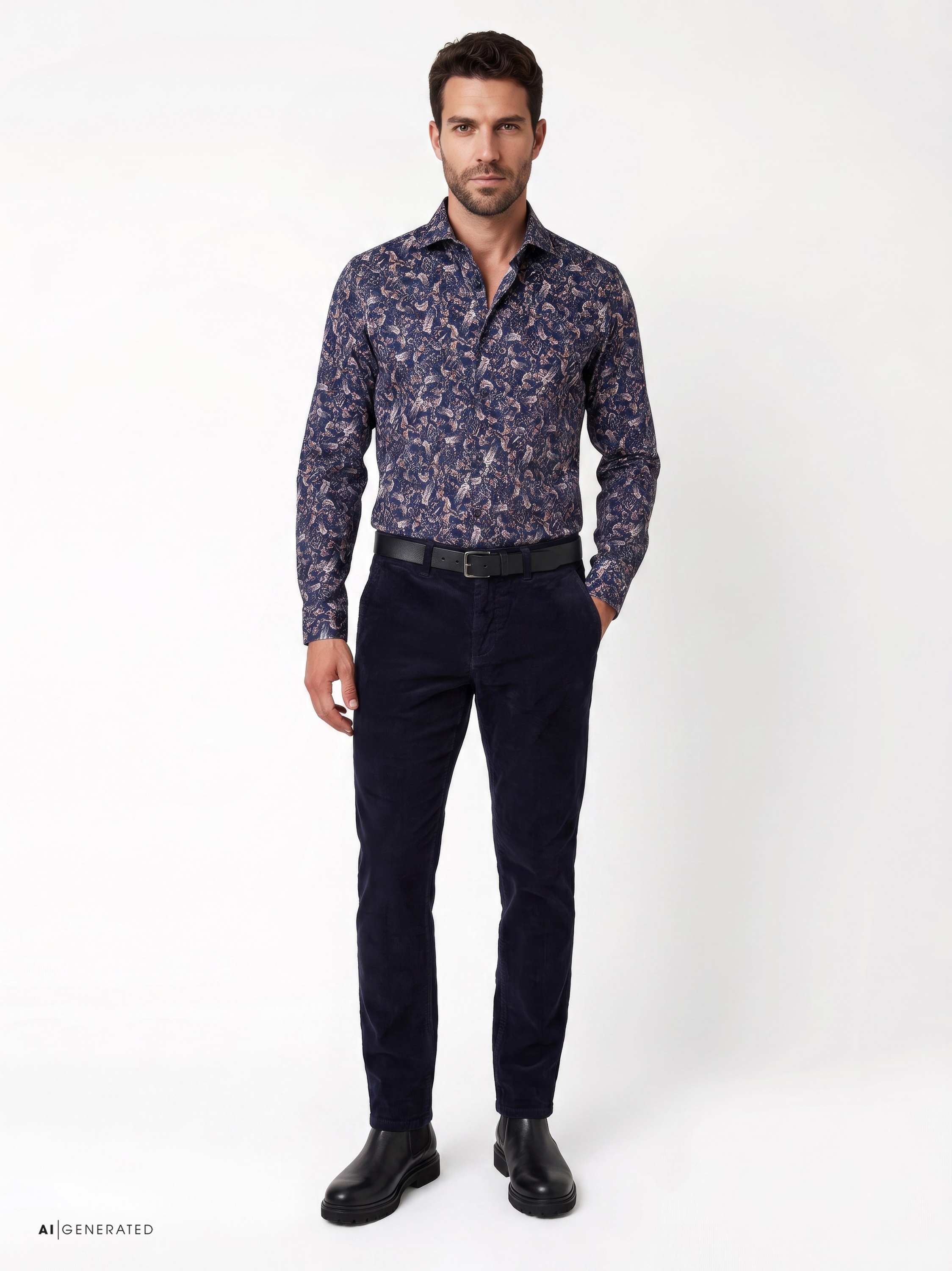 Mens shirt luxury hai in brown paisley flowers, outfit view worn by model