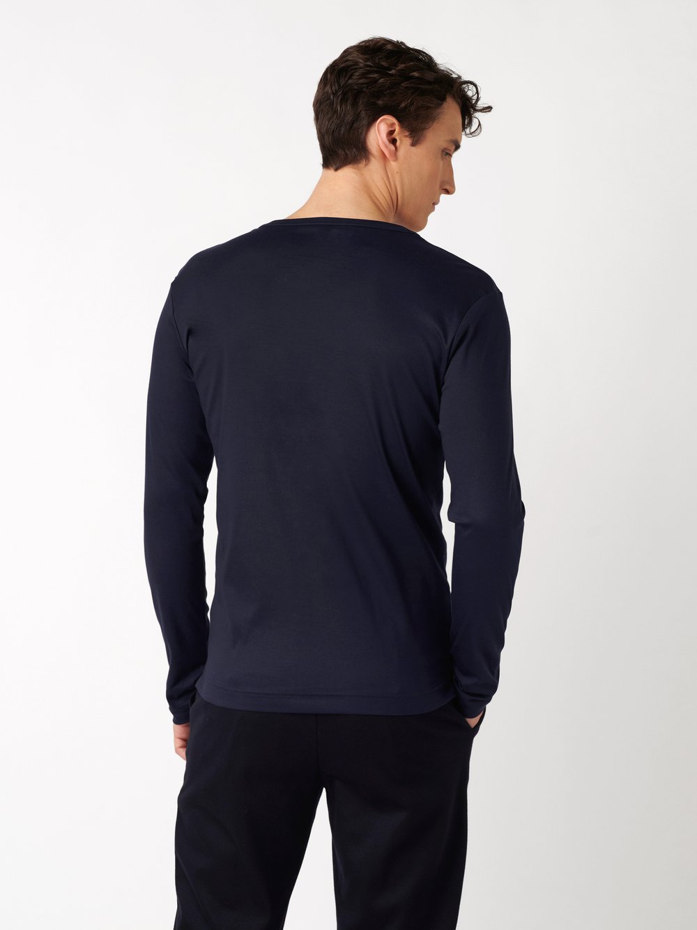 Mens polo shirt casual henley in solid navy, back view worn by model