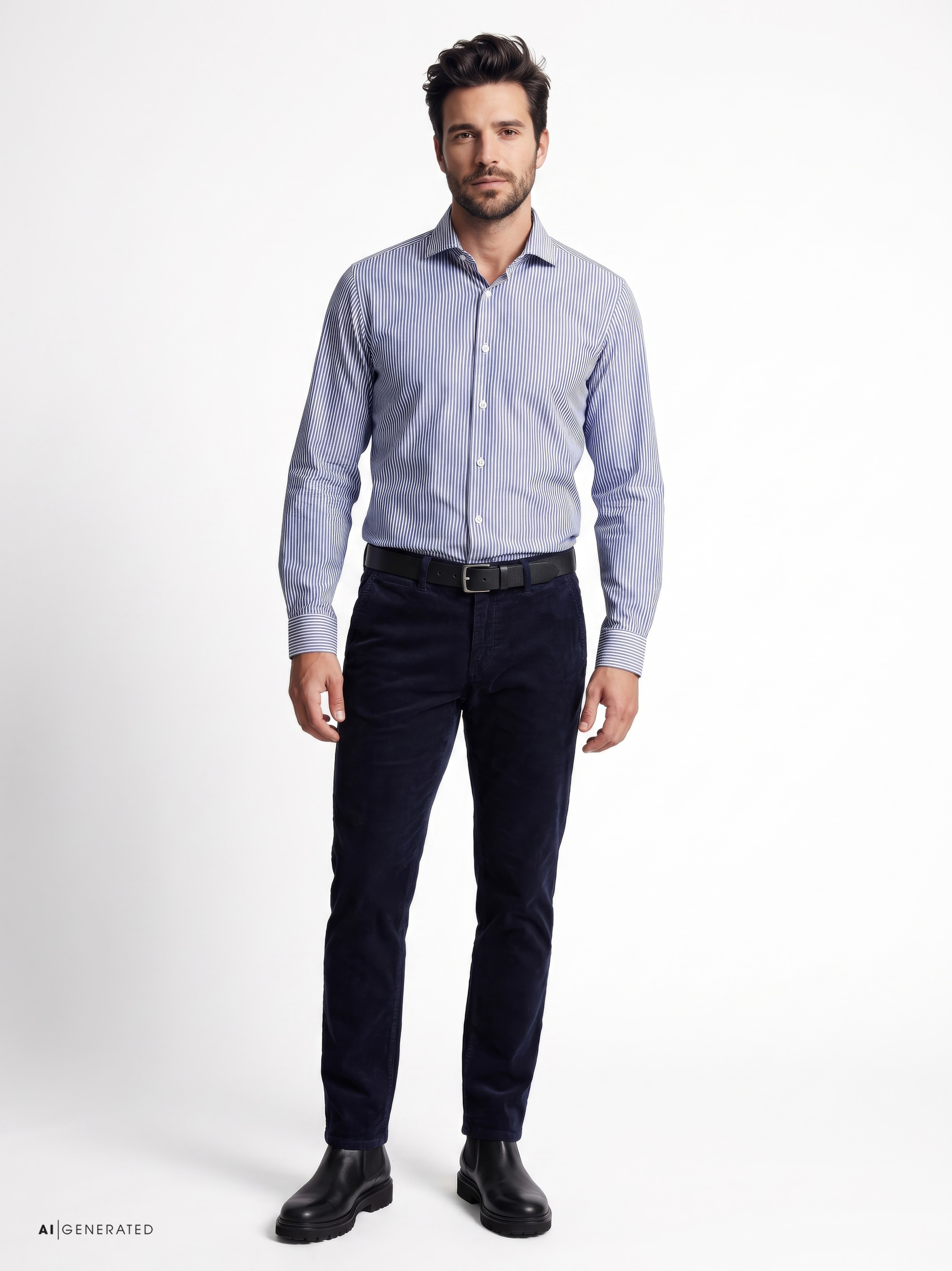 Mens shirt luxury hai in blue structure stripes, outfit view worn by model