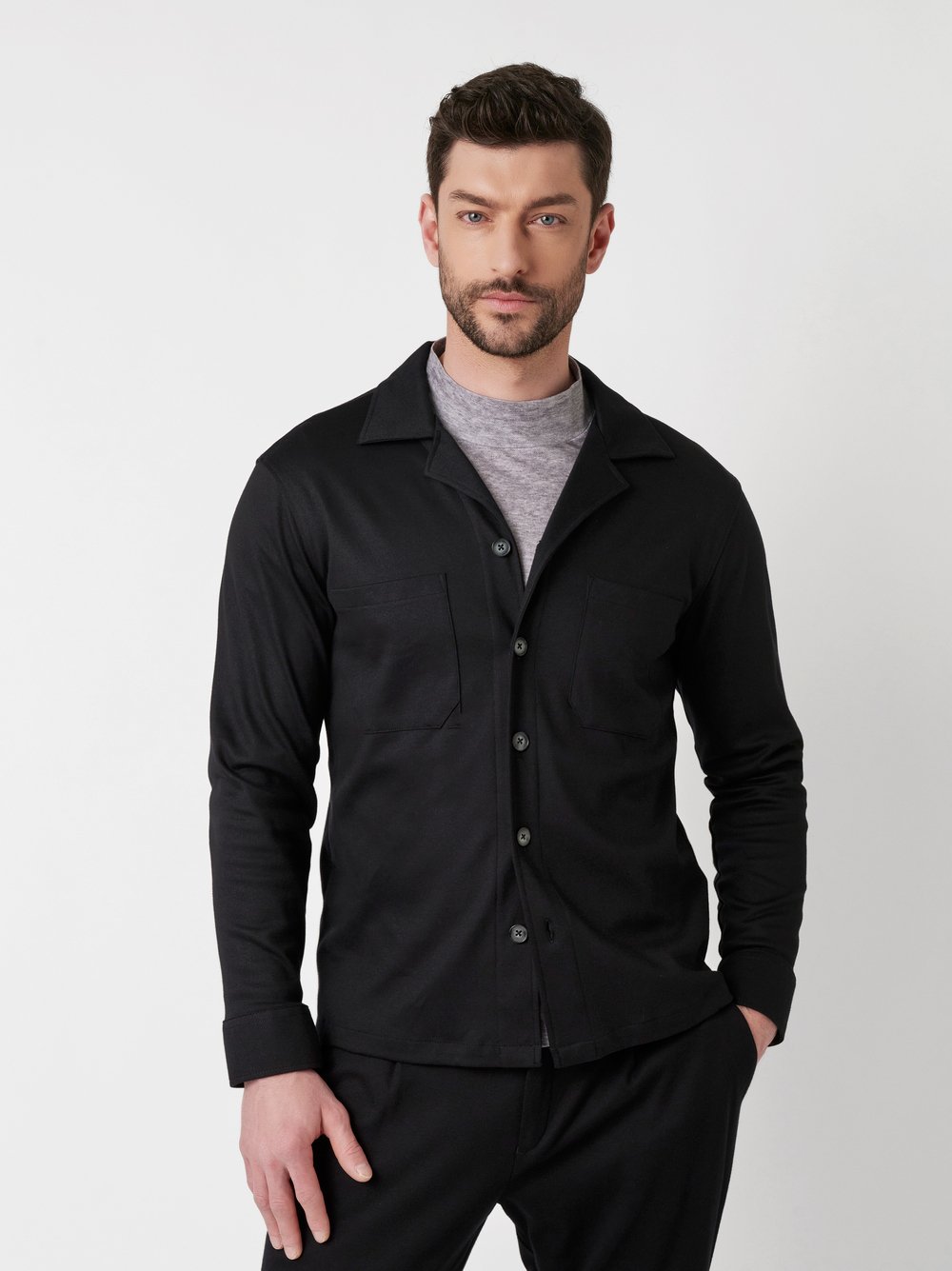 Shirt Casual Overshirt Revers black front view Shirt Casual Overshirt Revers black front view