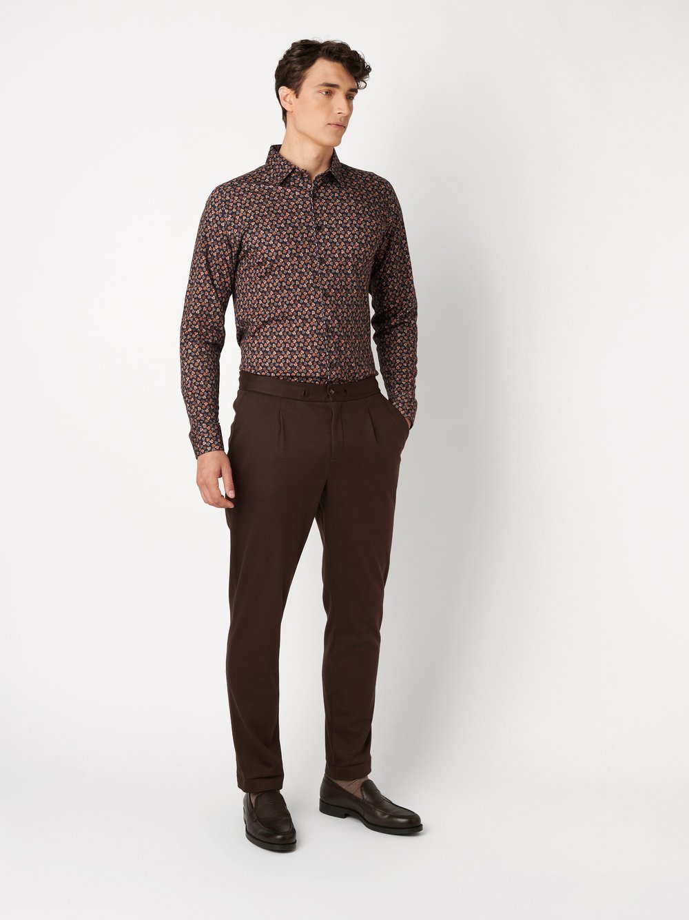 Hemd | Style »Casual Kent« navy brown leaves