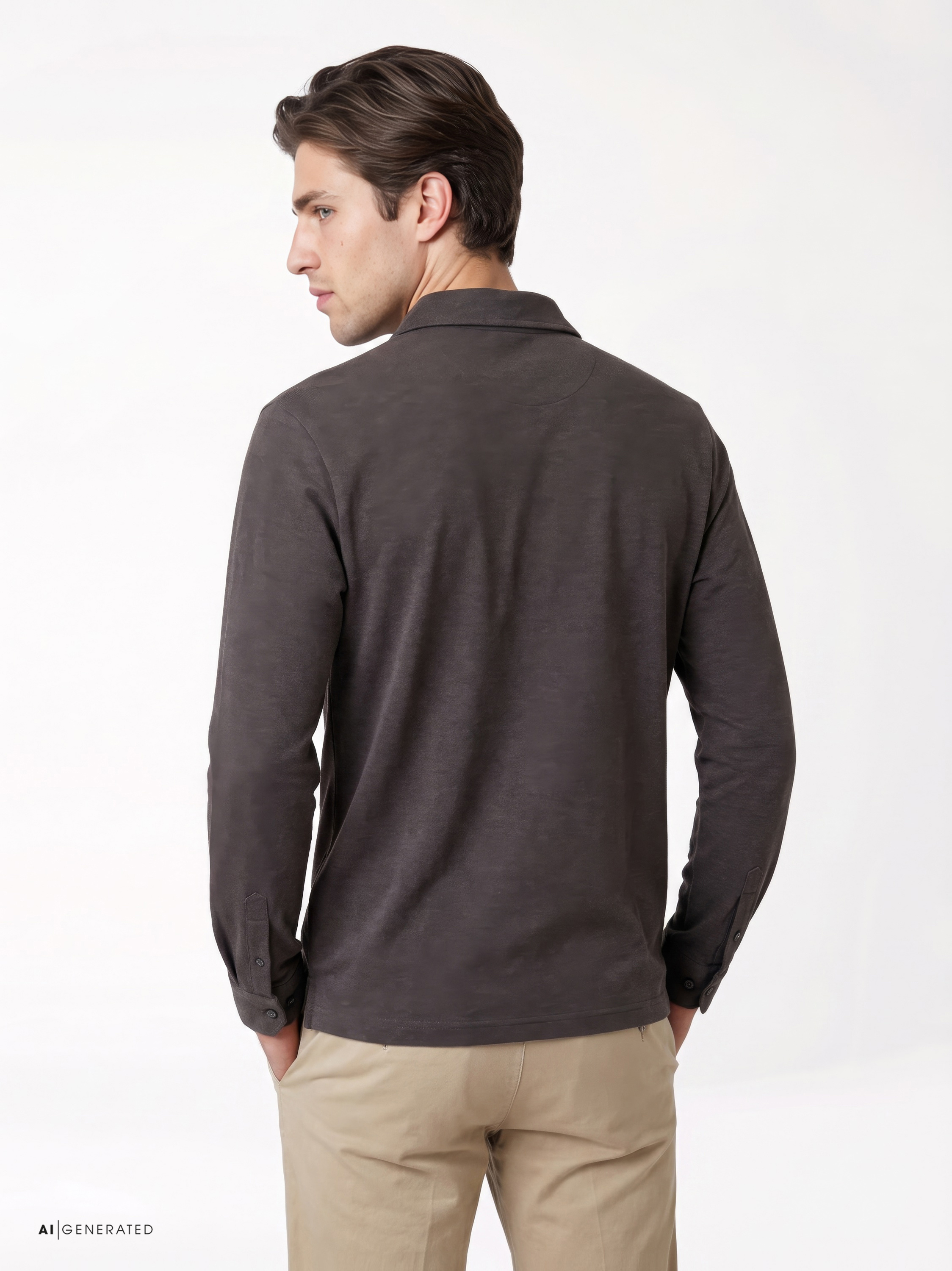 Mens polo shirt uxury polo zip in chocolate melange, back view worn by model