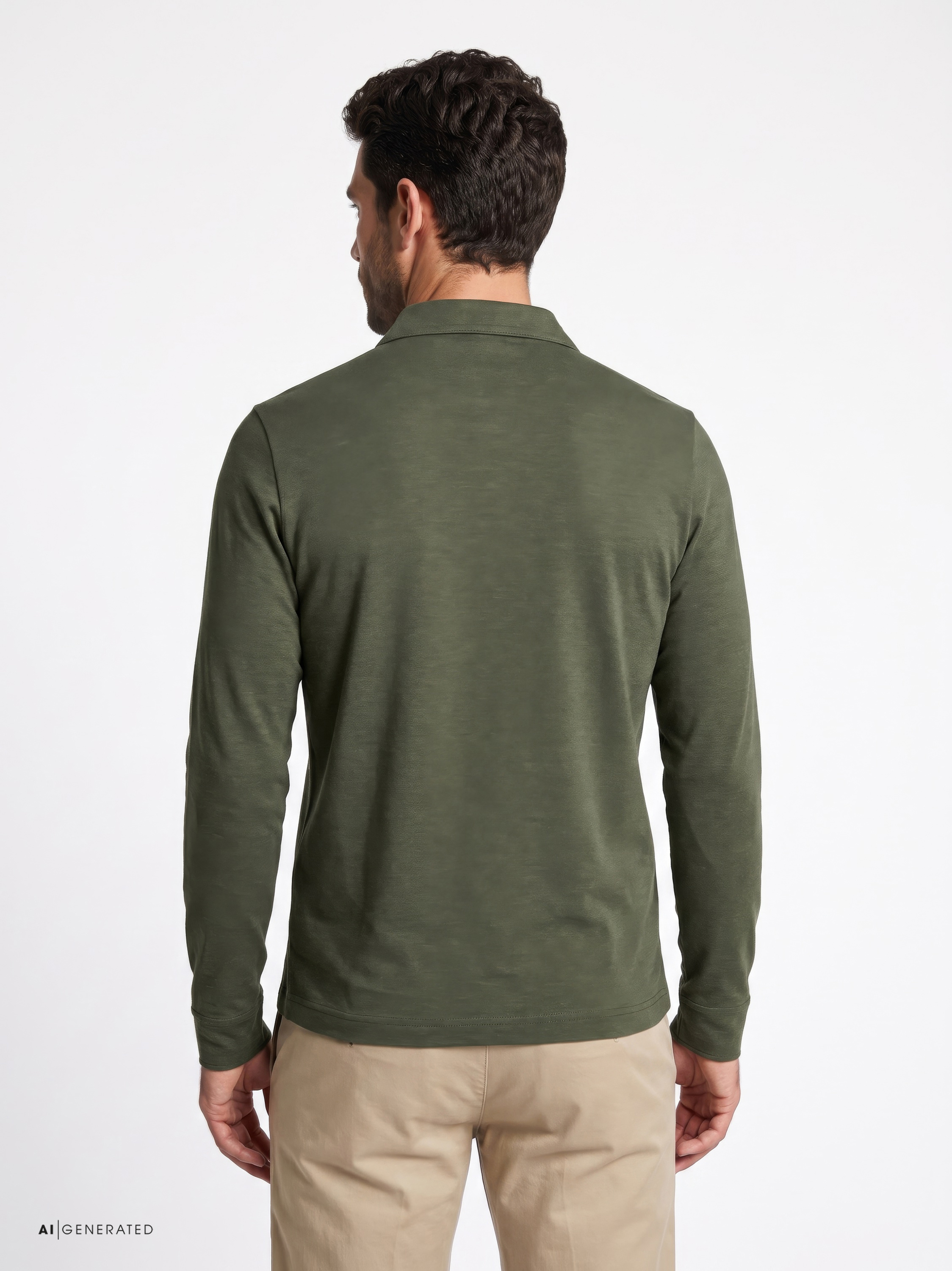 Mens polo shirt uxury polo zip in green melange, back view worn by model
