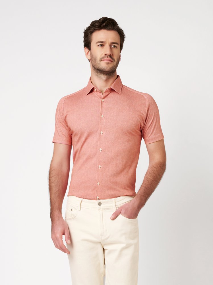 men's apricot dress shirt Men's Apricot Short Sleeve Linen and Cotton Shirt - Size XL