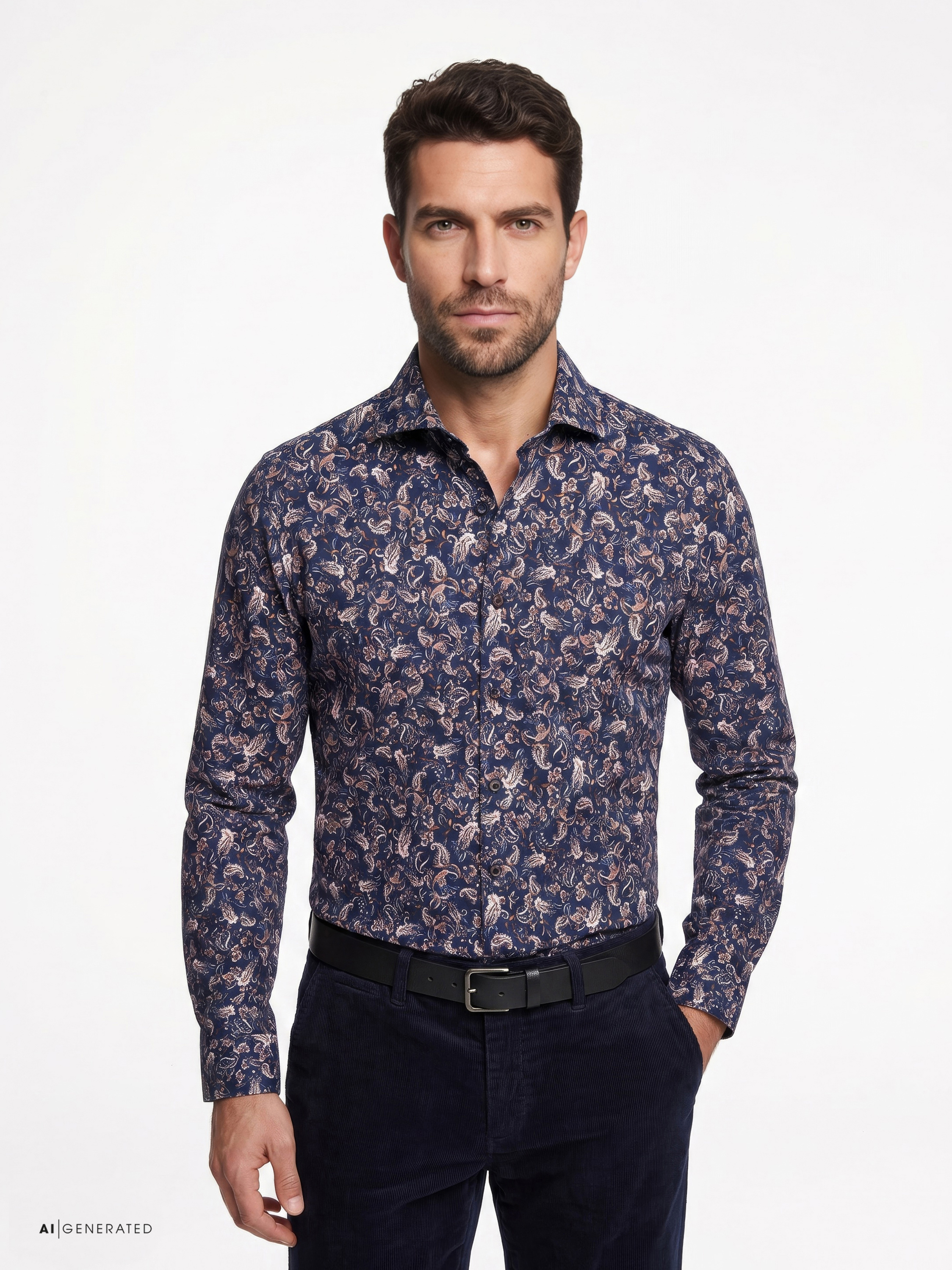 Mens shirt luxury hai in brown paisley flowers, front view worn by model