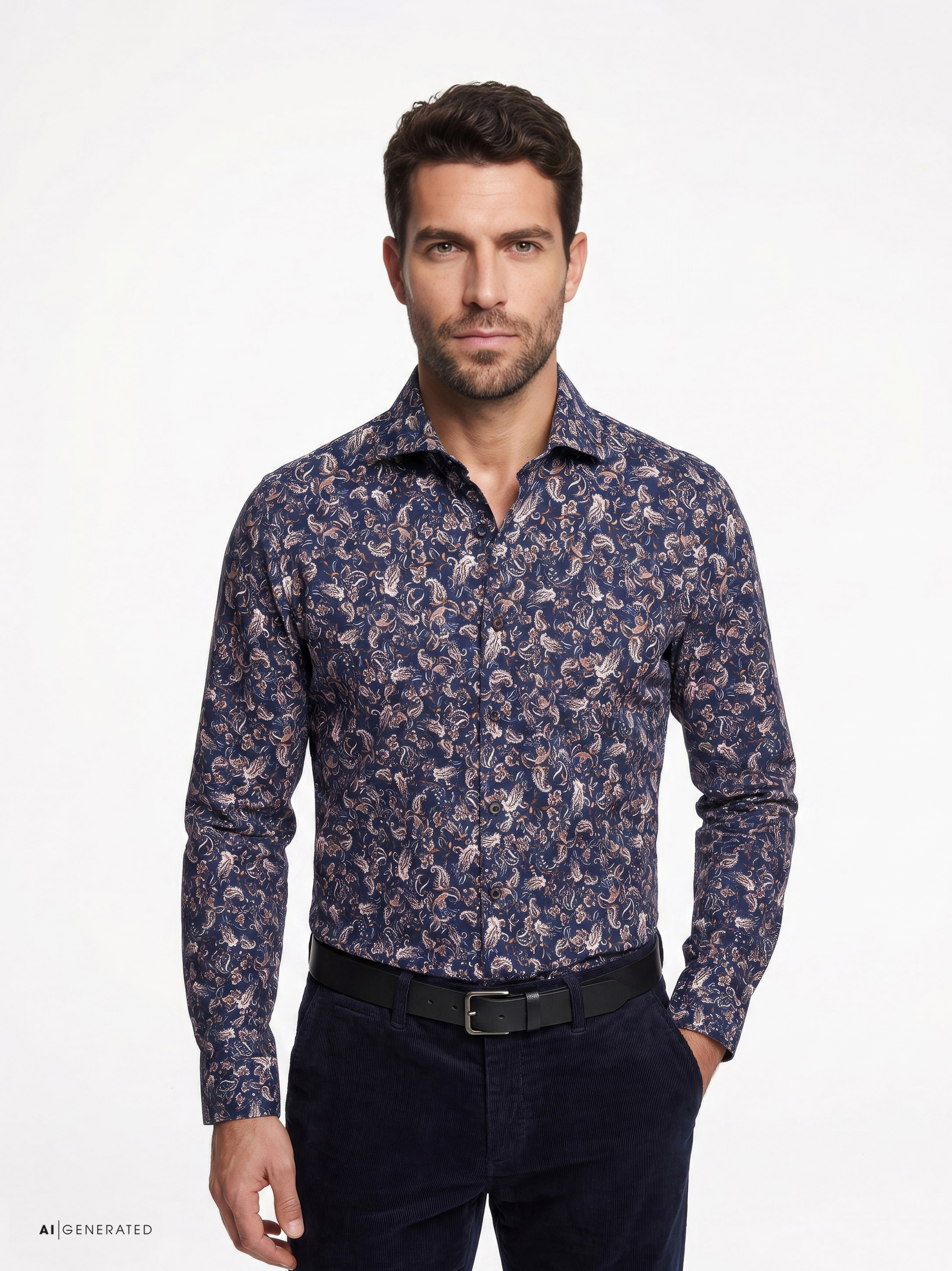 Herrenhemd Luxury Hai in brown paisley flowers, Frontansicht am Model getragen