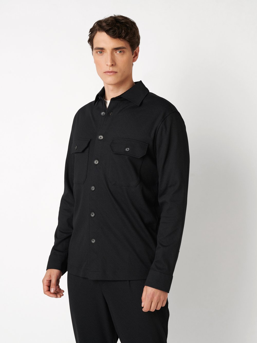 Mens shirt casual overshirt kent in black twill, front view worn by model