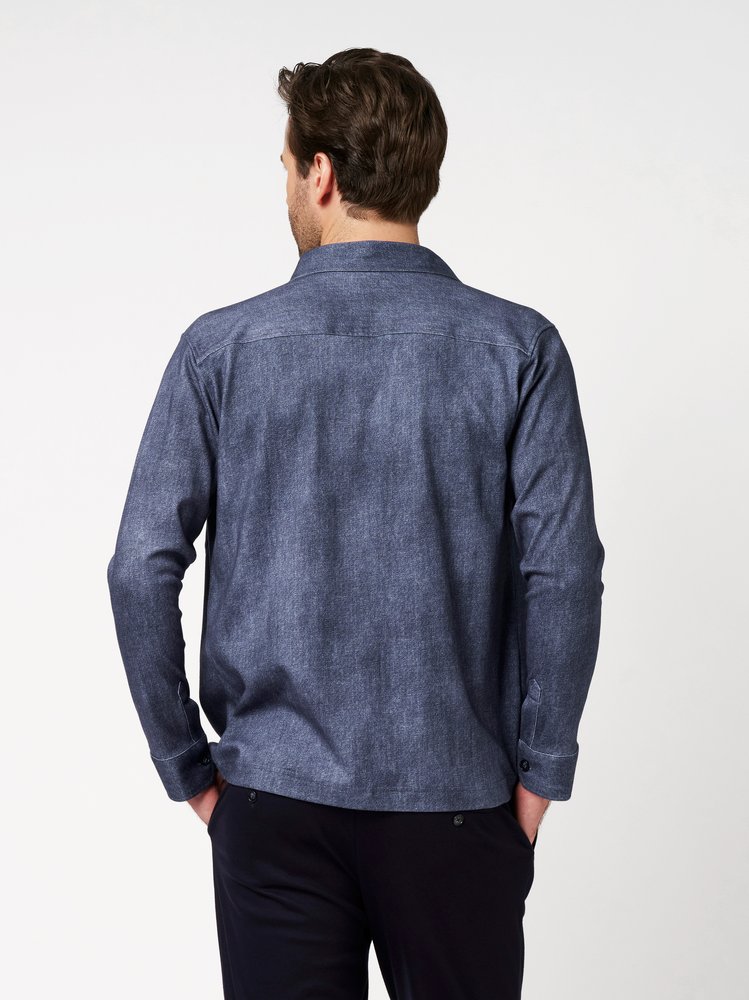 Mens shirt casual overshirt kent in dark blue denim, back view worn by model