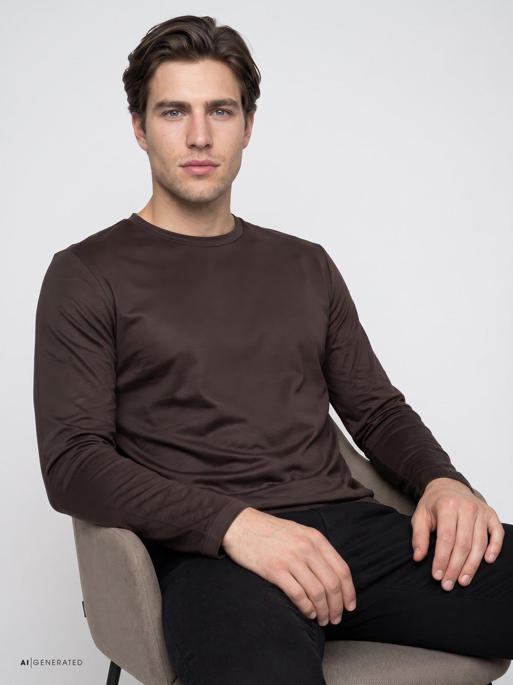 Mens T-shirt casual roundneck in solid brown, front view worn by model