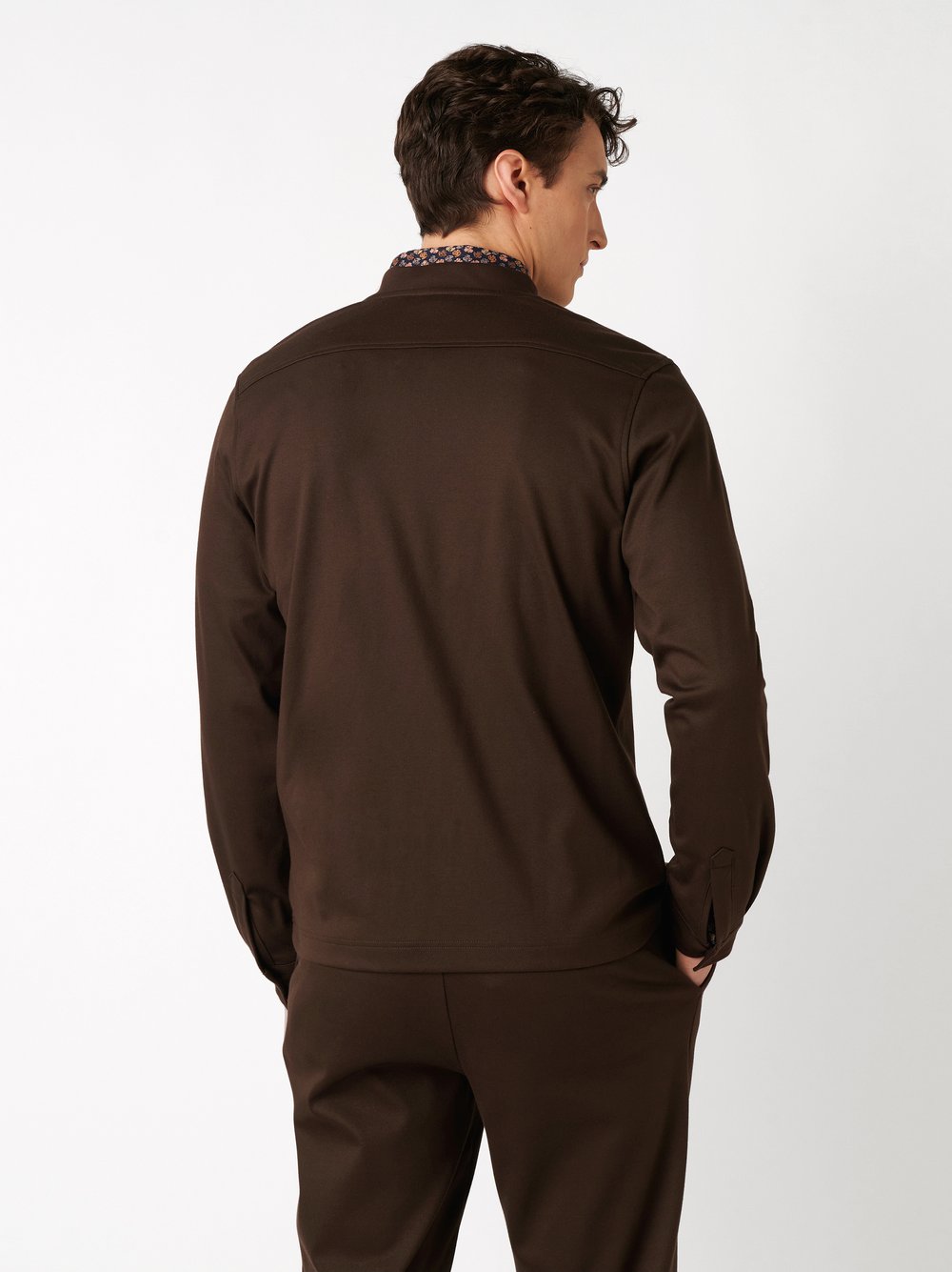 Mens jacket casual college jacket in solid brown, back view worn by model