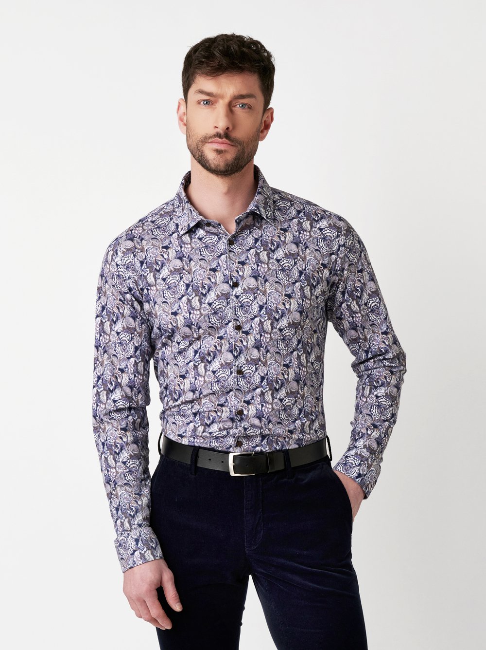 Shirt Casual Kent beige blue leaves front view Shirt Casual Kent beige blue leaves front view