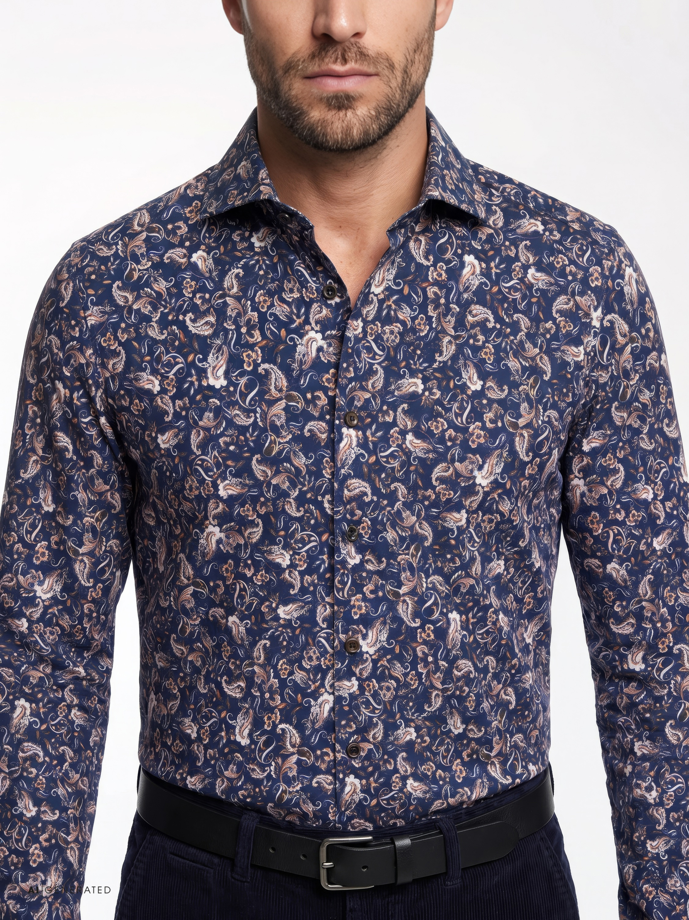 Mens shirt luxury hai in brown paisley flowers, detail view