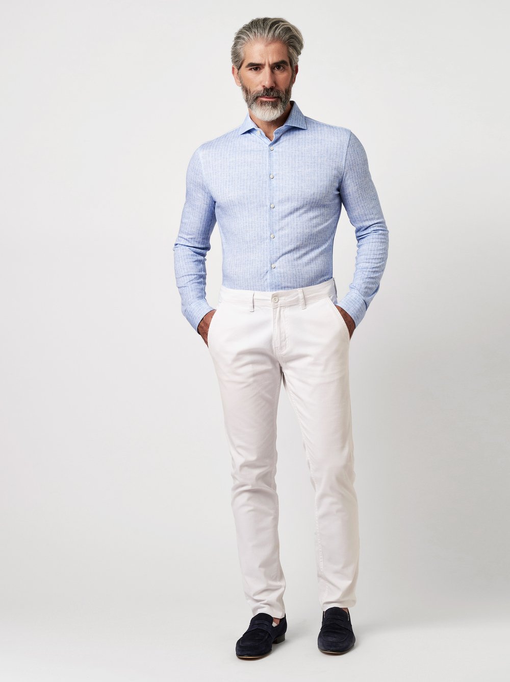 Shirt Luxury Hai light blue linen herringbone outfit view Shirt Luxury Hai light blue linen herringbone outfit view
