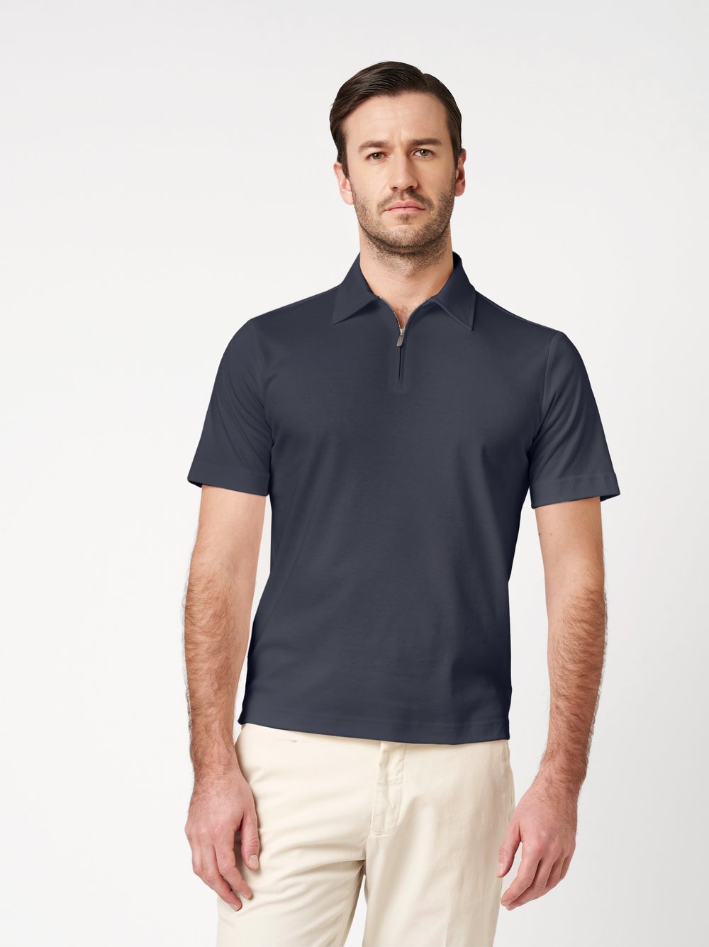 Mens Polo luxury two ply zip in blue pique, front view worn by model