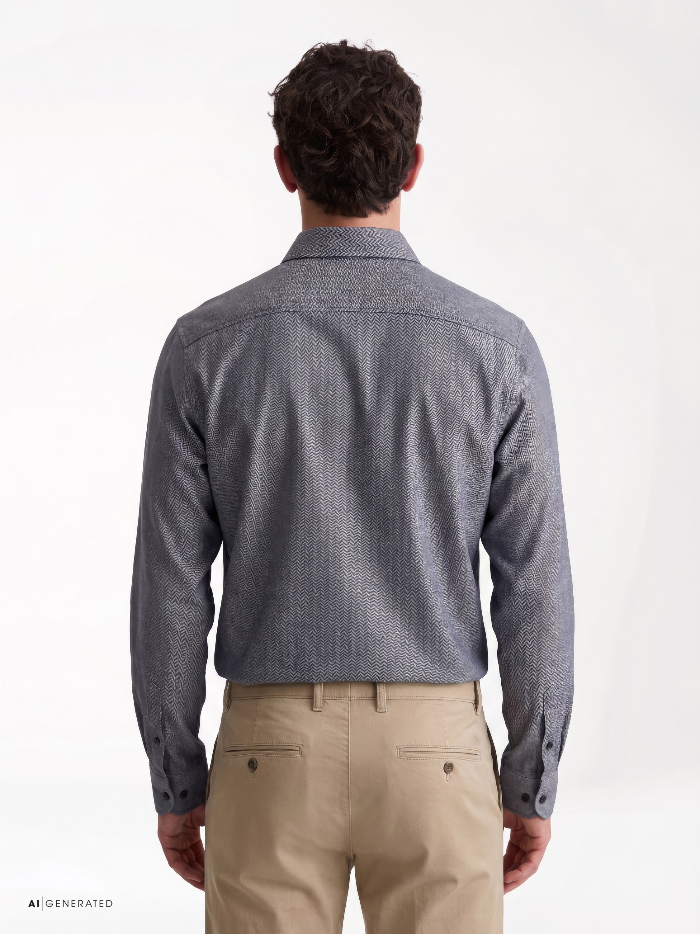 Mens shirt luxury hai in grey herringbone, back view worn by model