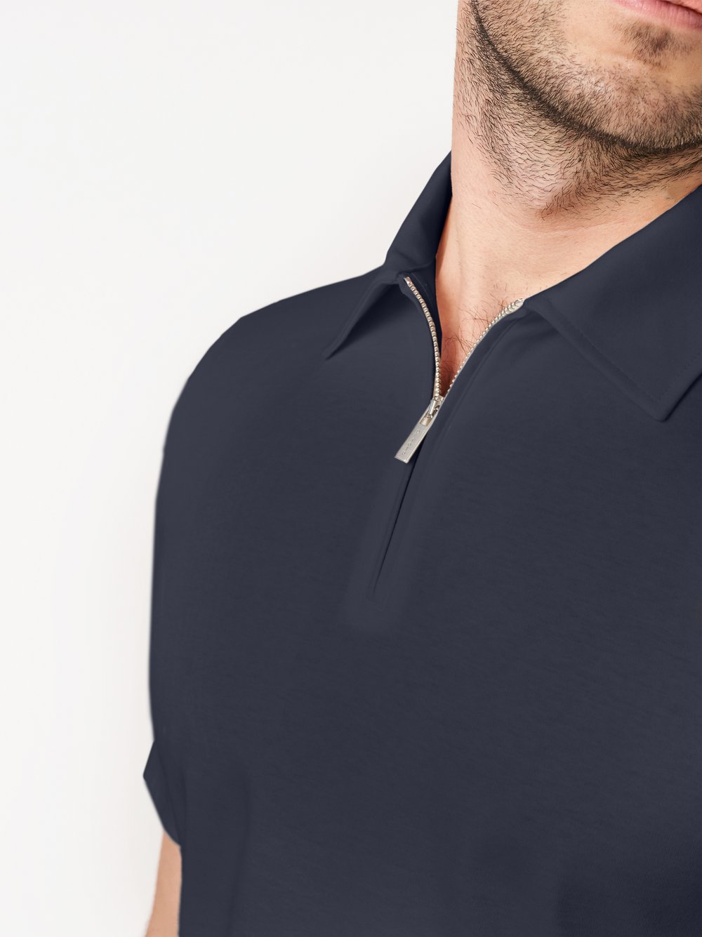 Mens Polo luxury two ply zip in blue pique, detail view