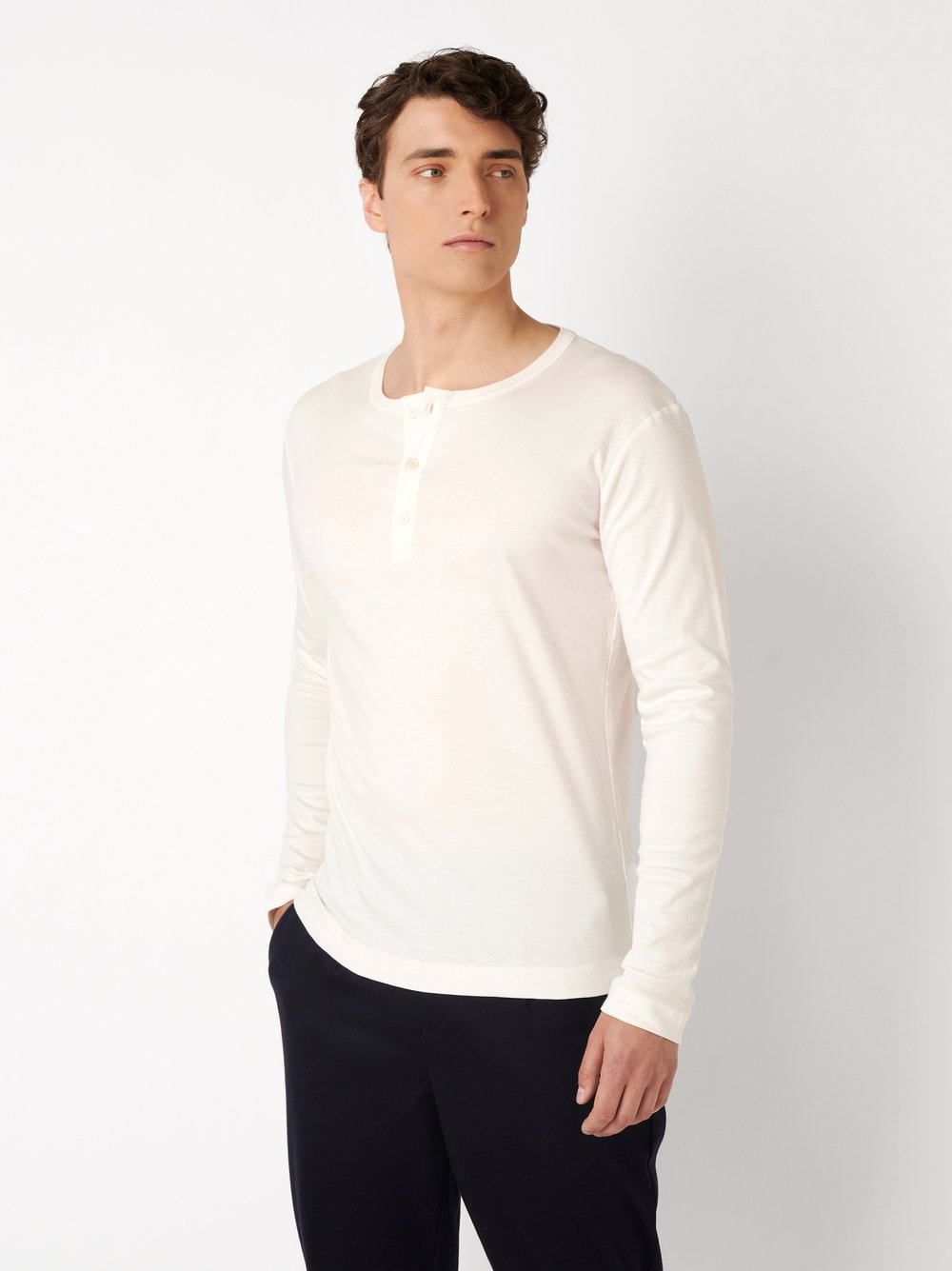 Mens polo shirt casual henley in off white, front view worn by model