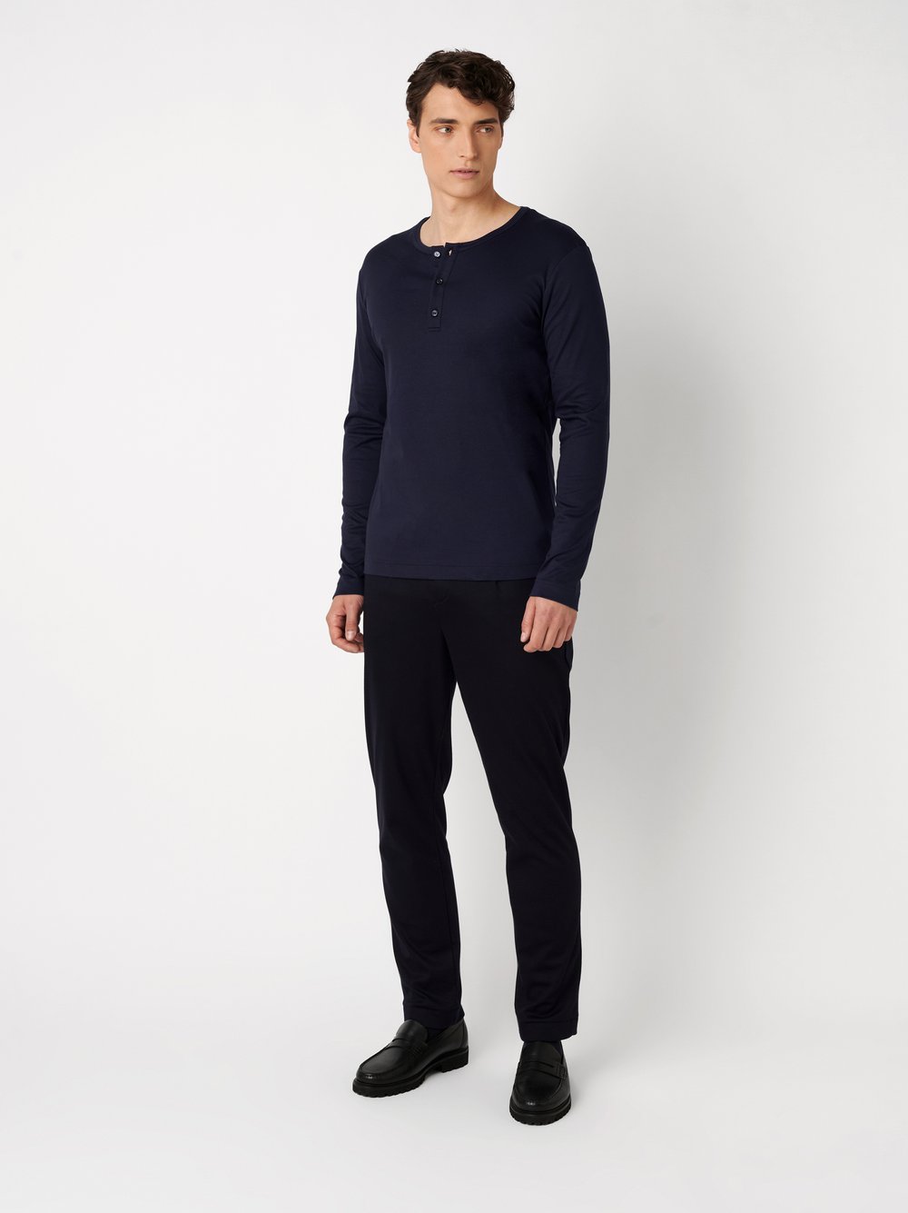 Mens polo shirt casual henley in solid navy, outfit view worn by model