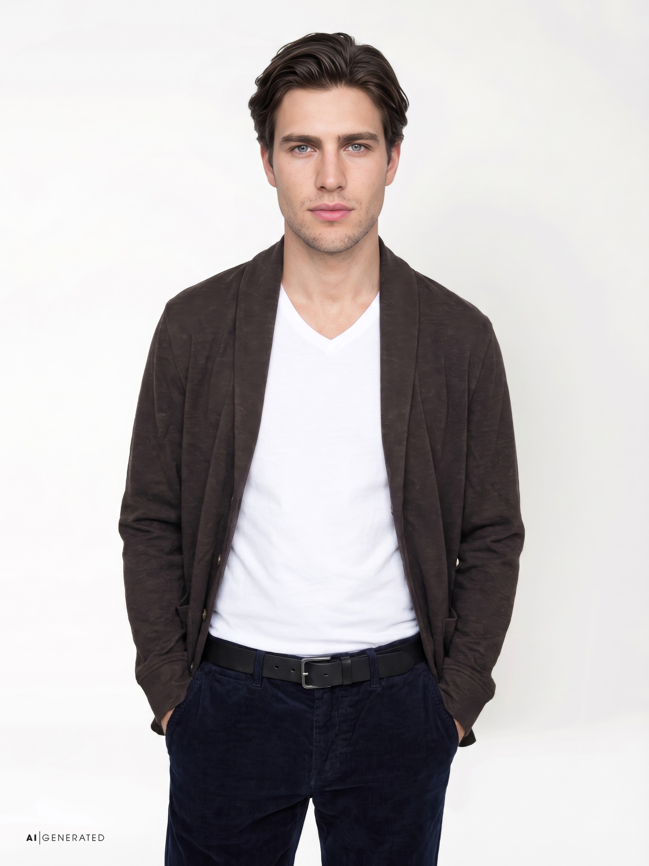 Mens sweater luxury shawl in chocolate melange, front view worn by model