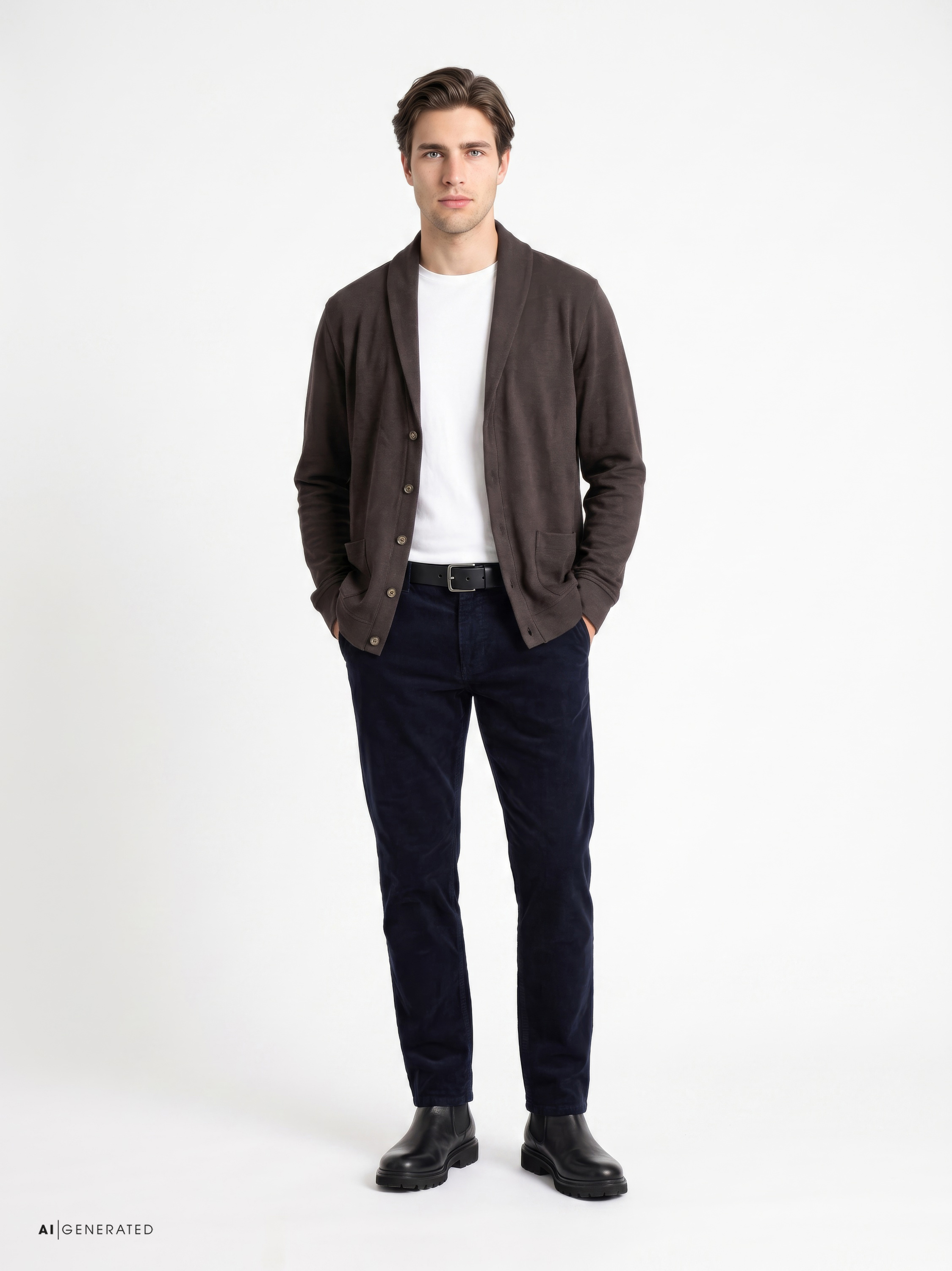 Mens sweater luxury shawl in chocolate melange, outfit view worn by model