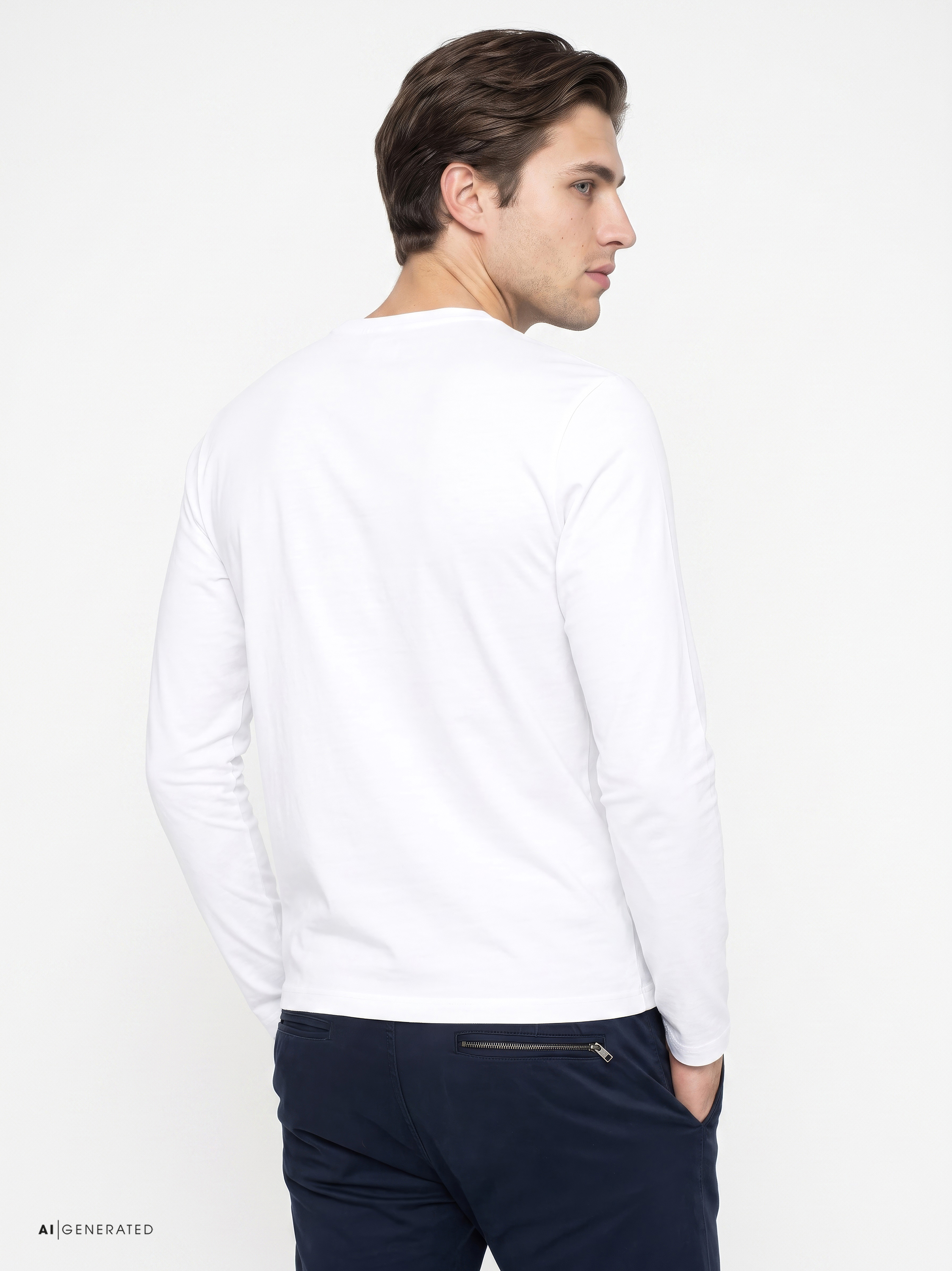 Mens T-shirt casual roundneck in white solid, back view worn by model